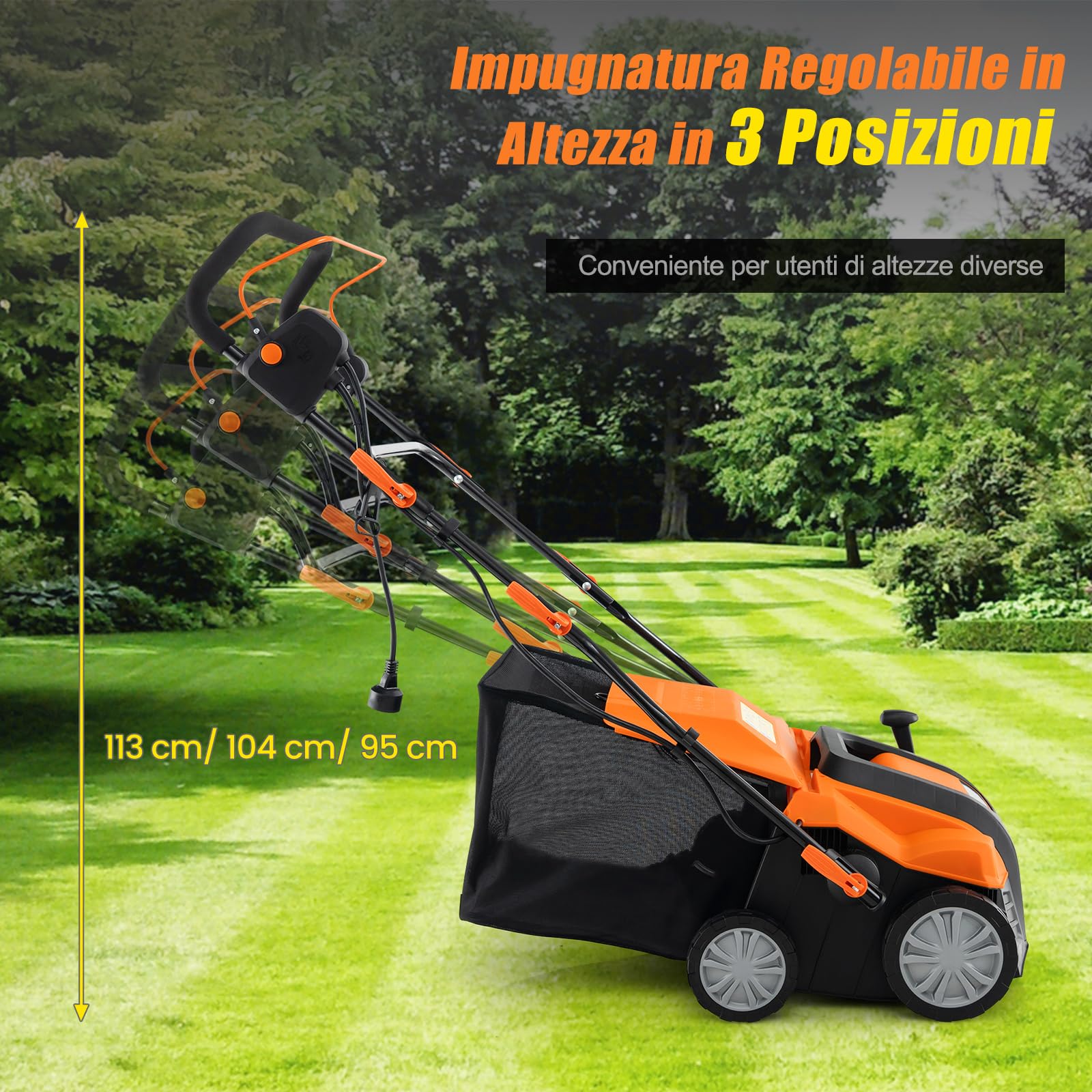 COSTWAY 2 in 1 Scarificatore Elettrico, 40 cm, 2000W, 3500rpm, Erbicida Pieghevole con Sacca di Raccolta da 55L, Regolazione Profondità 5 Livelli, Adatto Prato 800 ㎡ (Arancione)