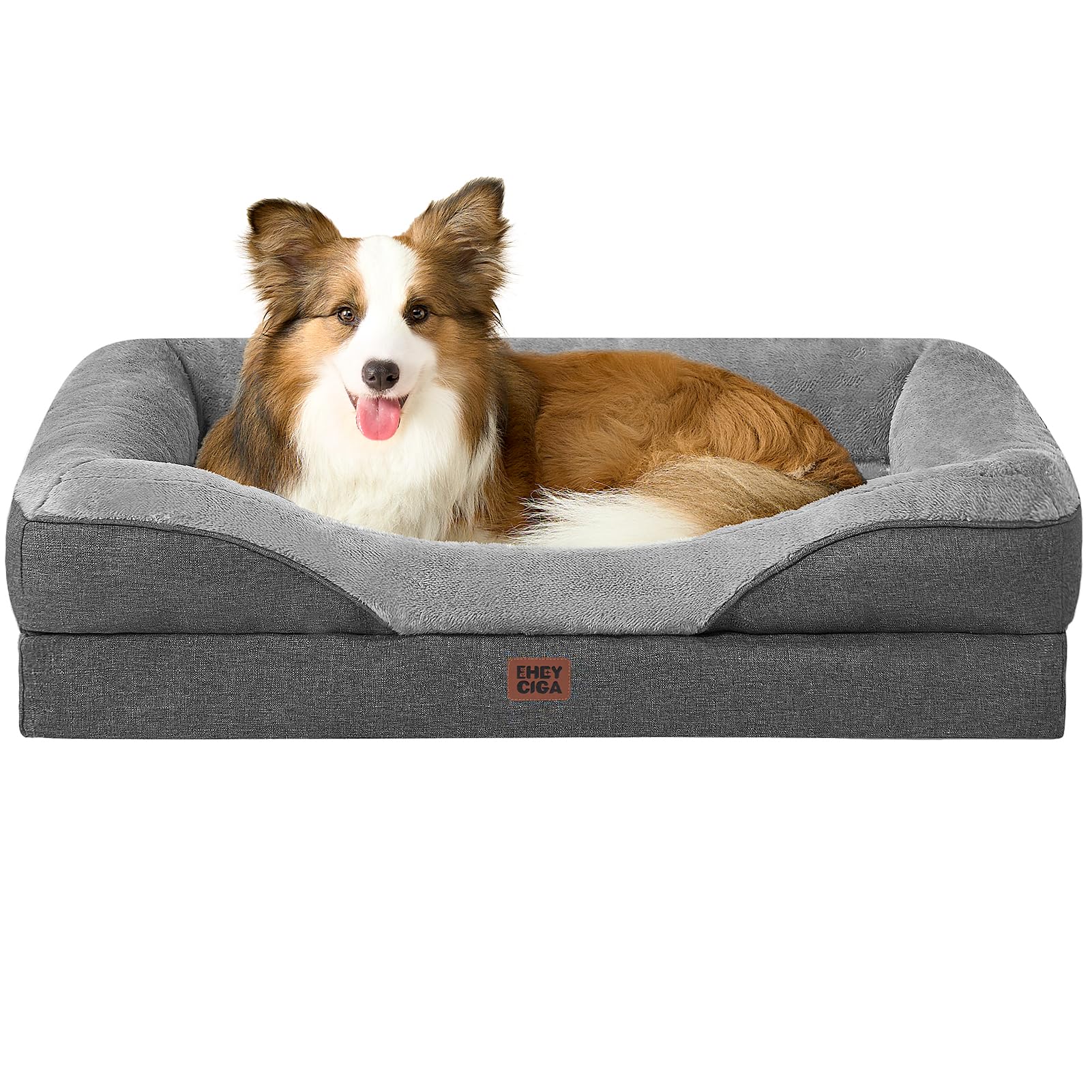 EHEYCIGA Memory Foam Cuccia Cane Interno Taglia Grande, Impermeabile Divano per Cani Sfoderabile e Lavabile, Letto per Cani con 4 Bordi Rialzati, Grigio Scuro, 91x68x17.5cm