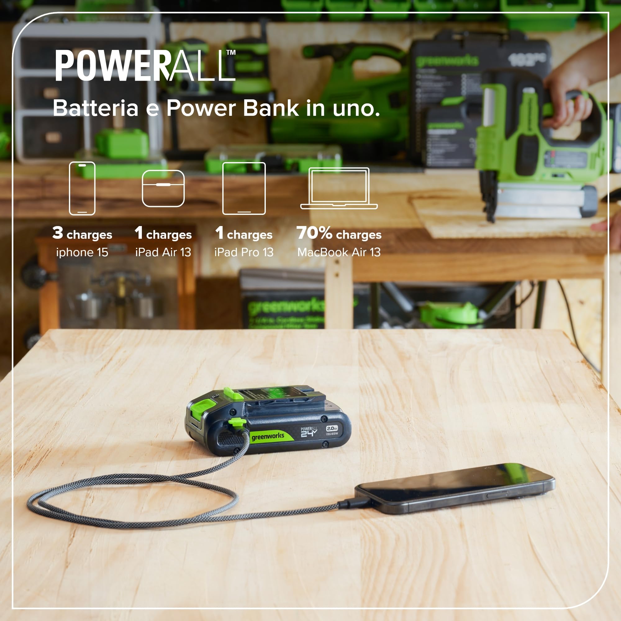Greenworks 24V 2,0 Ah Batteria con Porta USB-C Ricaricabile agli Ioni di Litio ad Alte Prestazioni Compatibile con Tutti gli Oltre 200 Utensili Greenworks da 24V,Garanzia di 2 Anni - PA200