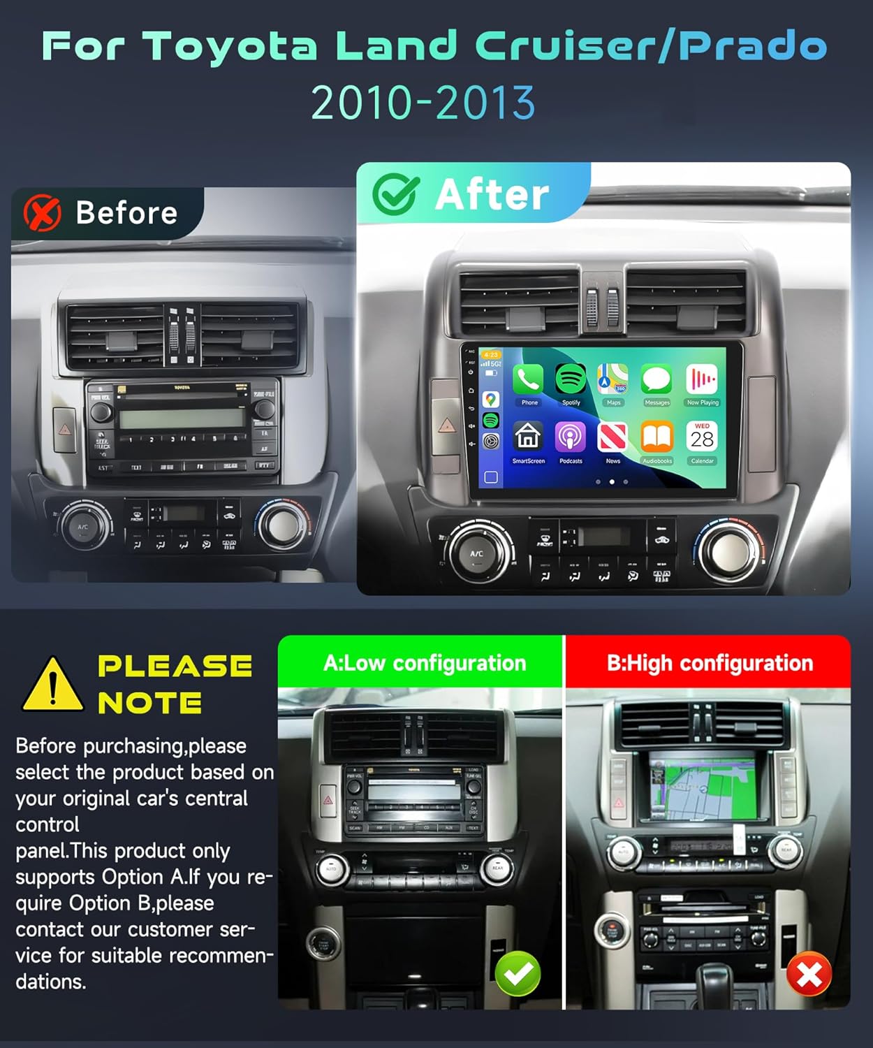 Hi-Res 5/6GhzWiFi for Toyota Land Cruiser/Prado 2010-2013 Car Stereo Radio with Snapdragon 8Core 4GB+64GB 9Inch IPS Touchscreen Wireless Carplay/Android Auto DSP GPS Android 15 FM/RDS SWC Camera