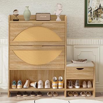 47.2" Shoe Storage Cabinet for Entryway with 2 Flip Drawers and Bench, Narrow Shoe Organizer with Rattan Door, Freestanding Wood Hidden Shoe Cabinet for Foyer, Hallway, Light Brown