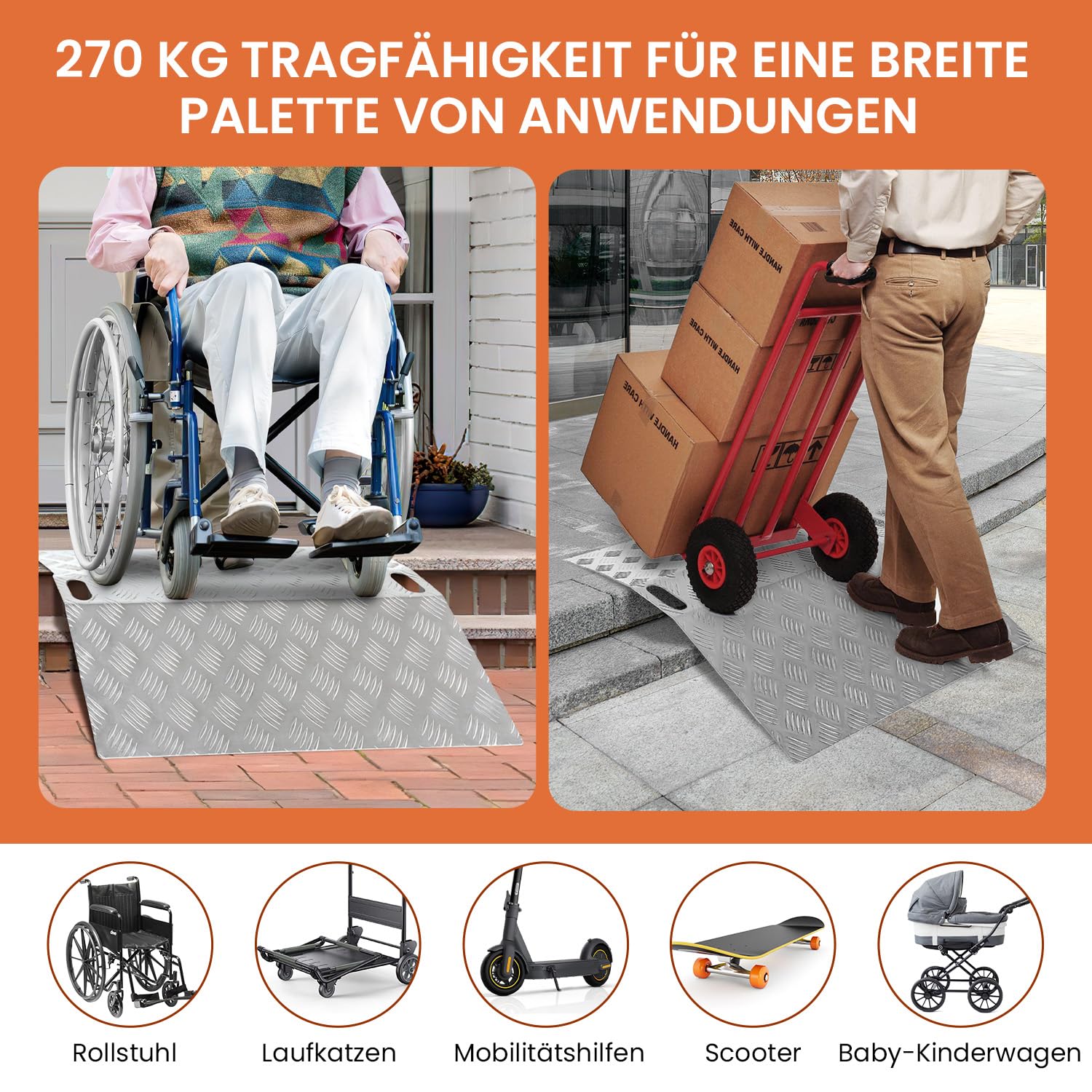 Türschwellenrampe aus Aluminium, rutschfest Schwellenrampe, Rollstuhlrampe, Brücken Schwellenrampe für Rollstuhl, Schwellenbrücke Tragfähigkeit 270 kg, Brückenrampe, 100 x 70 x 10 cm