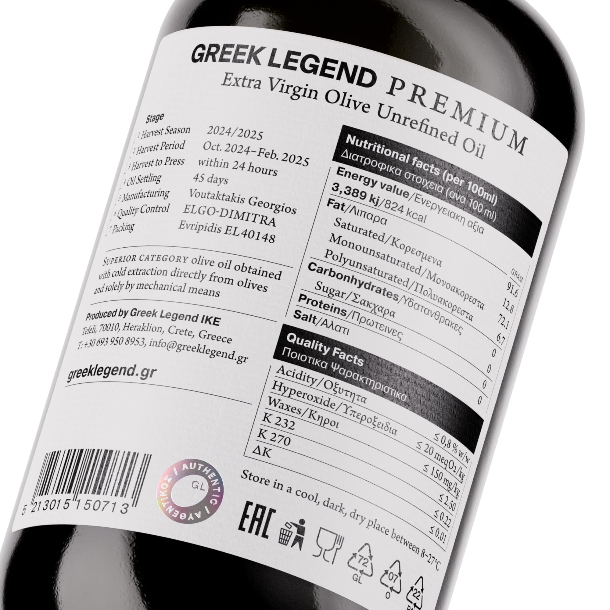 GREEK LEGEND Premium Olivenöl Extra Nativ aus Kreta - Olive Oil Extra Virgin - Griechisches Olivenöl, 100% Kaltgepresst, Ungefiltert, Reich an Polyphenolen, 500 ml Glasflasche