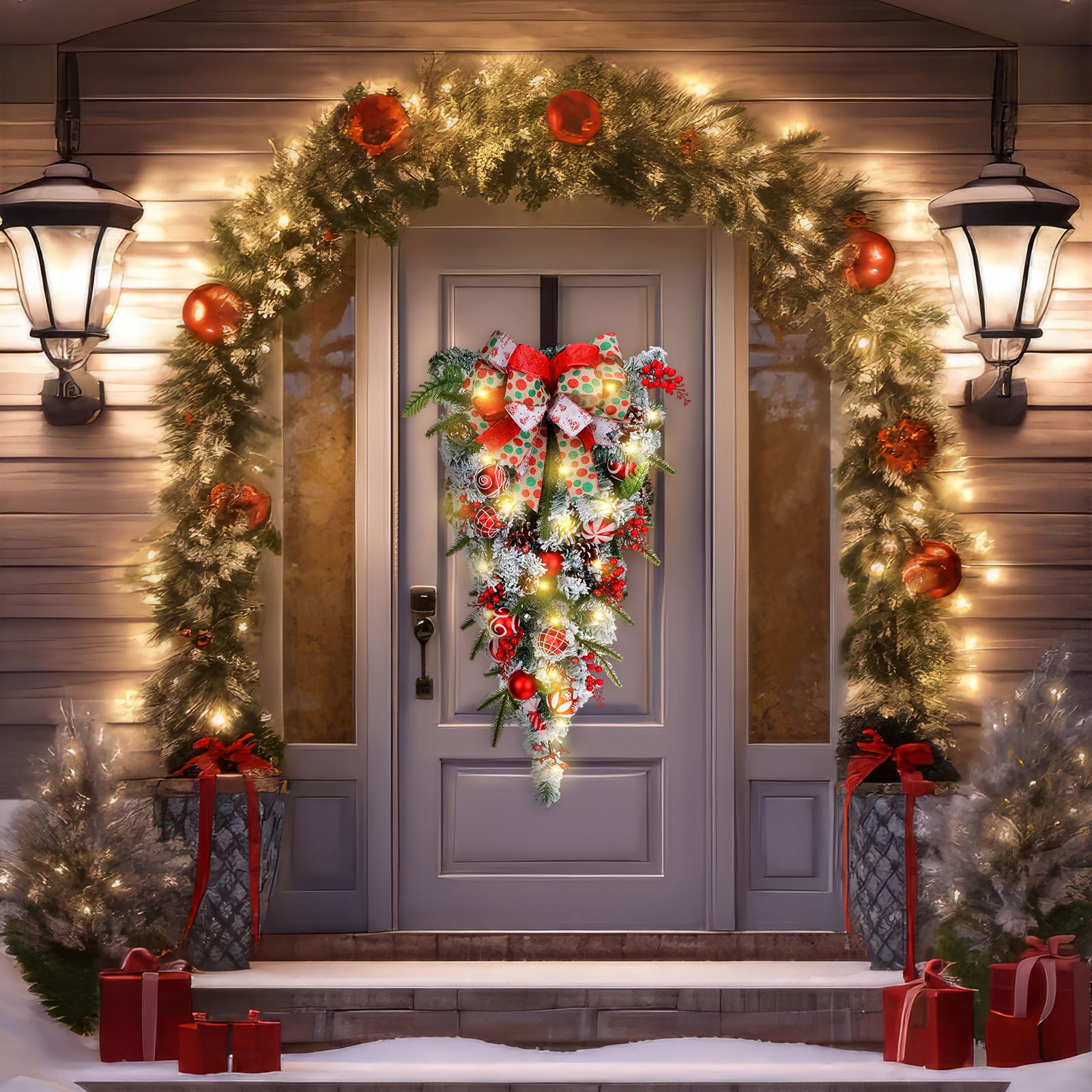 Hotop 2 Pcs 35 Inches Prelit Christmas Teardrop Swag Artificial Christmas Stair Swags Xmas Light up Wreath Garland Pine Cones Berry Clusters Ribbon Ornament for Xmas Stairway Indoor Outdoor Decor