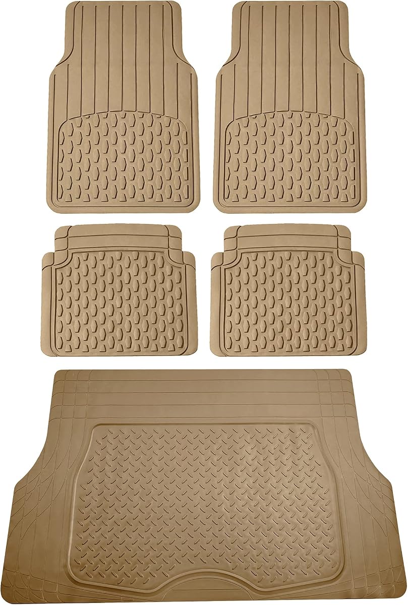 FH Group Alfombrillas de Vinilo Climaproof™ Recortables de 4 Piezas - Juego Completo con Forro de Carga de Vinilo Recortable Premium - Ajuste Universal para Autos, Camiones y SUV (Beige)