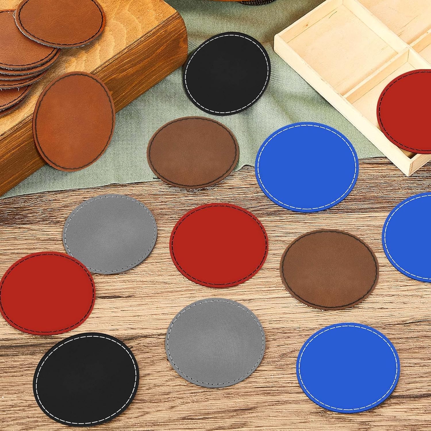 Dunzy 30 Pcs Blank Leather Hat Patches with Adhesive 2.5 Inch Round Laserable Leatherette Patch Faux Leather Patches Sewing Laser Engraving Supplies for Hats Jackets Backpacks(Colorful)