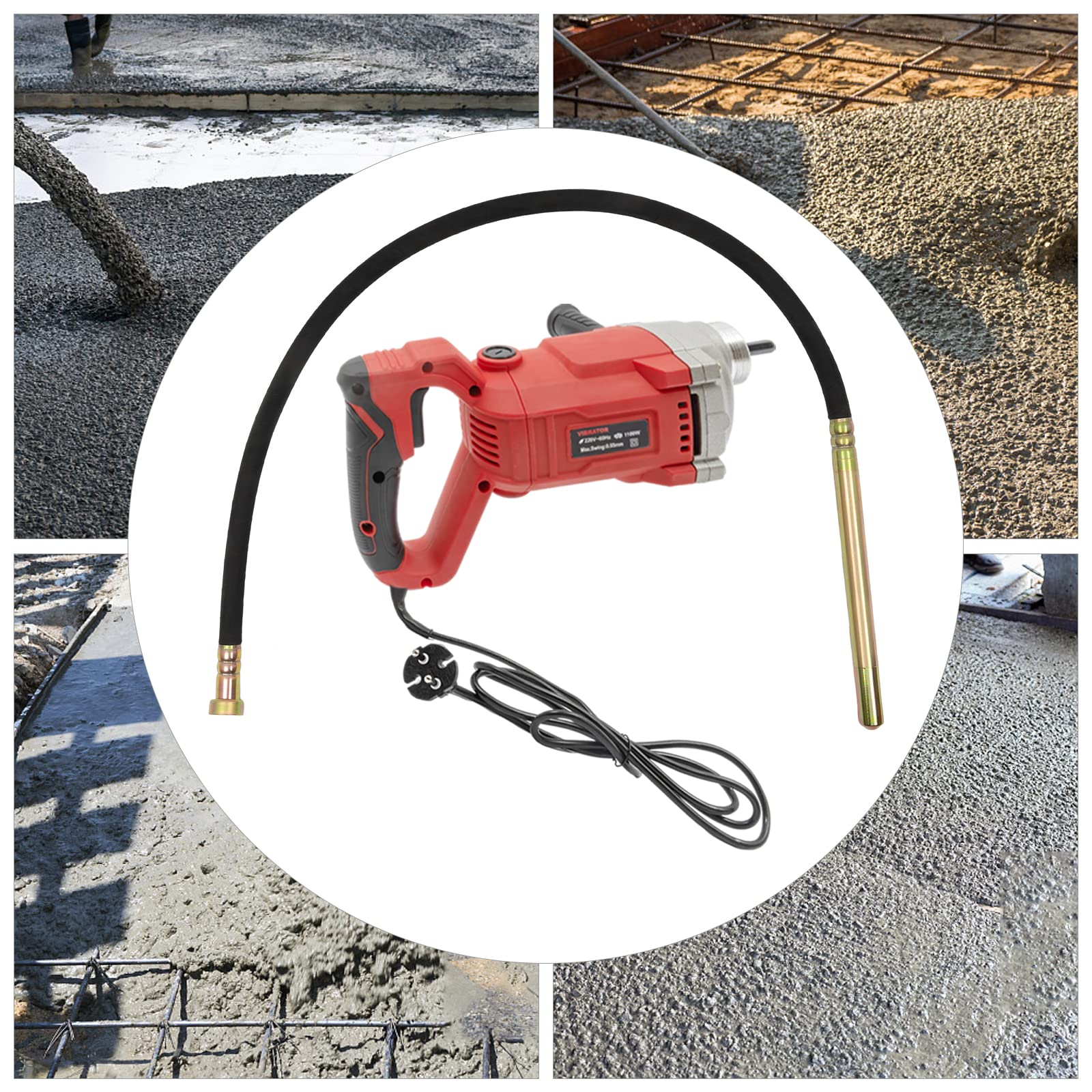 Vibratore elettrico per calcestruzzo, 1100 W, 220 V, per calcestruzzo, portatile, con asta ondulata da 6,6 FT/2 m, per diverse strutture in calcestruzzo, rosso