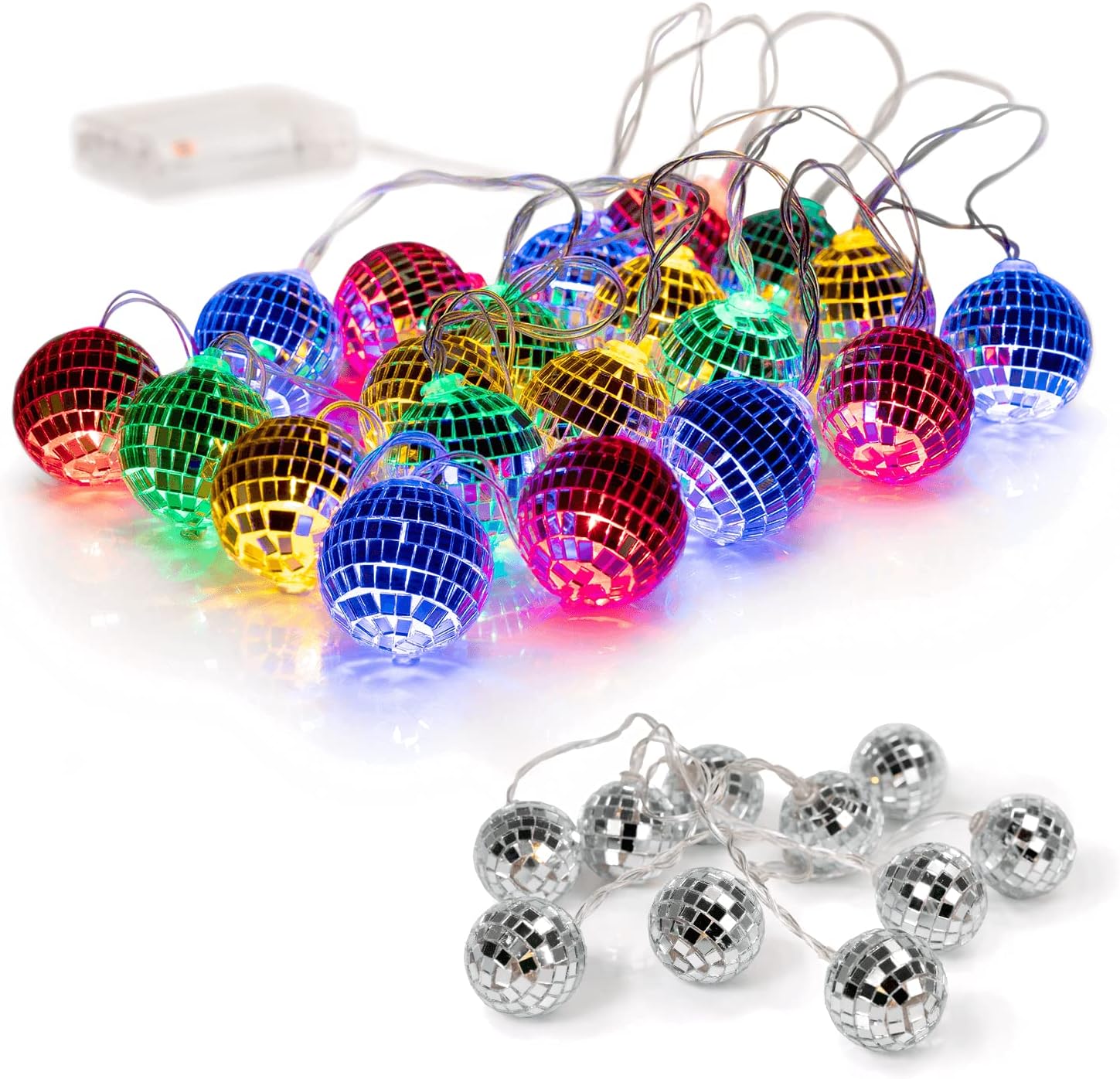 20 LED 2" Disco Balls String Lights 10.5ft, Memory Timer, Battery Operated Portable Decorative Novelty Christmas Holiday Hanging Fairy Light Garland Indoor/Outdoor, Silver Mirror/Colorful