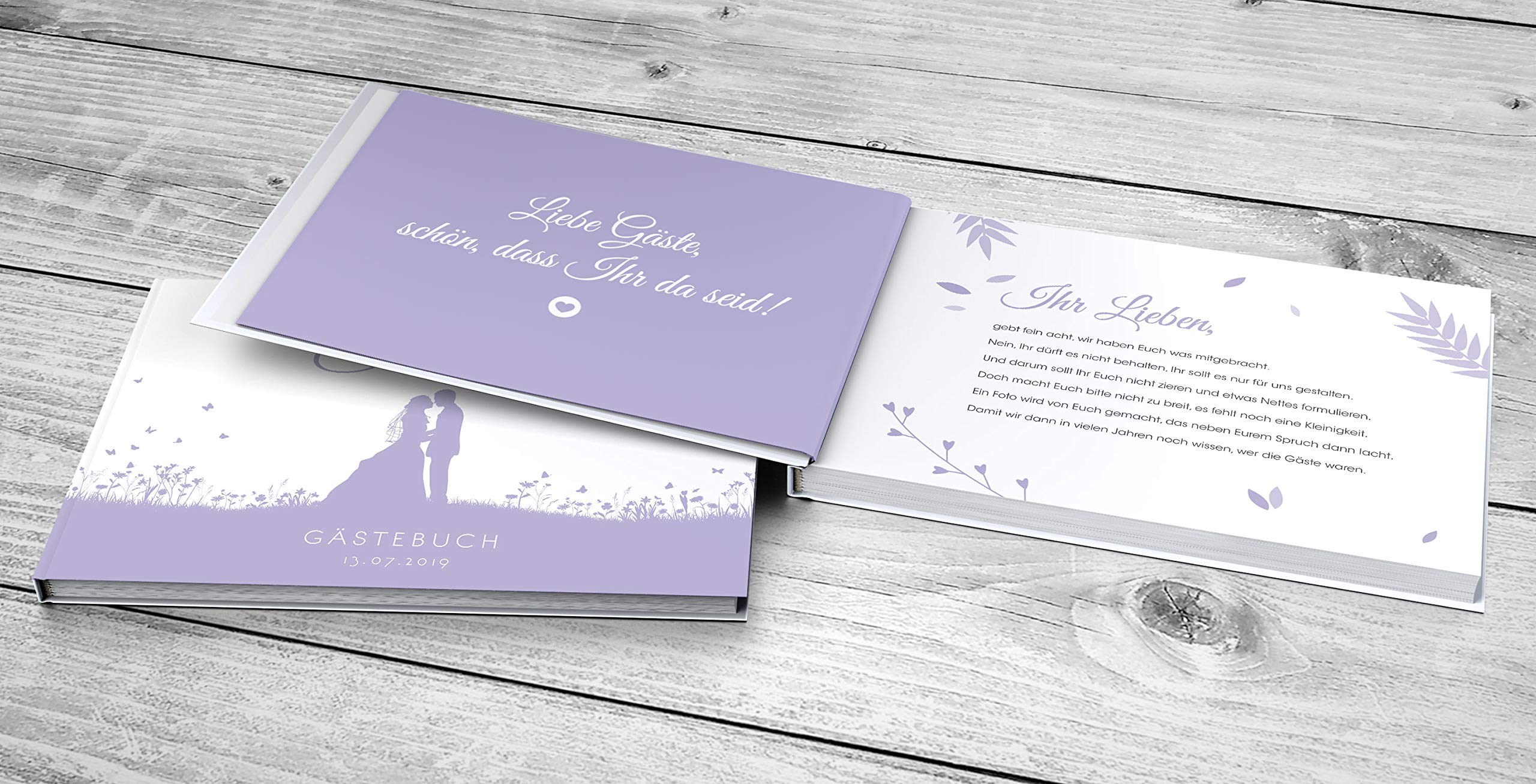 Gästebuch Hochzeit, personalisiert, Inhalt mit Fragen, Hochzeitsalbum Hochzeitsbuch Hochzeitsgästebuch, Leaf Couple - Pastell-Flieder