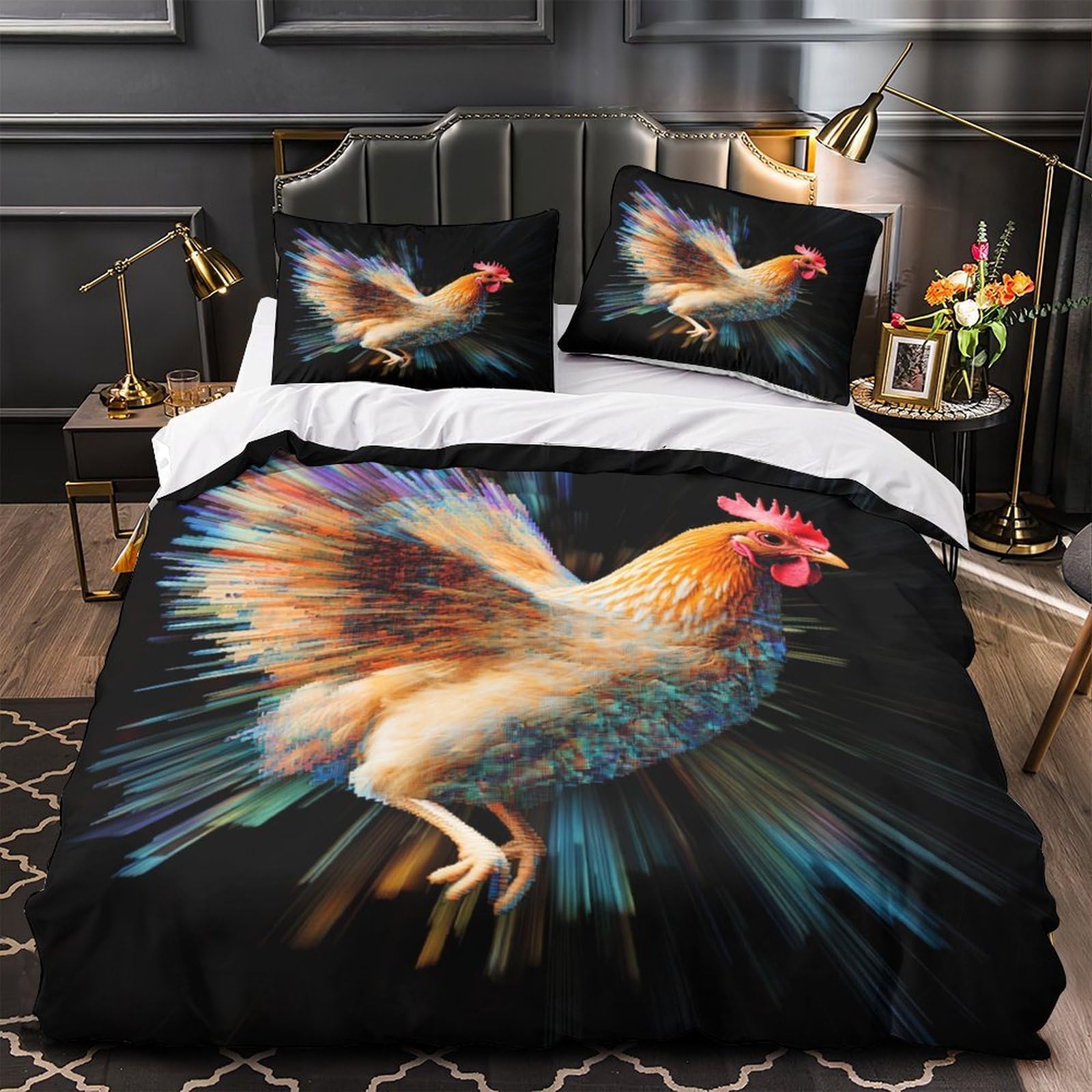 Housse de couette poulet 3D 260x220 cm avec 2 taies d'oreiller