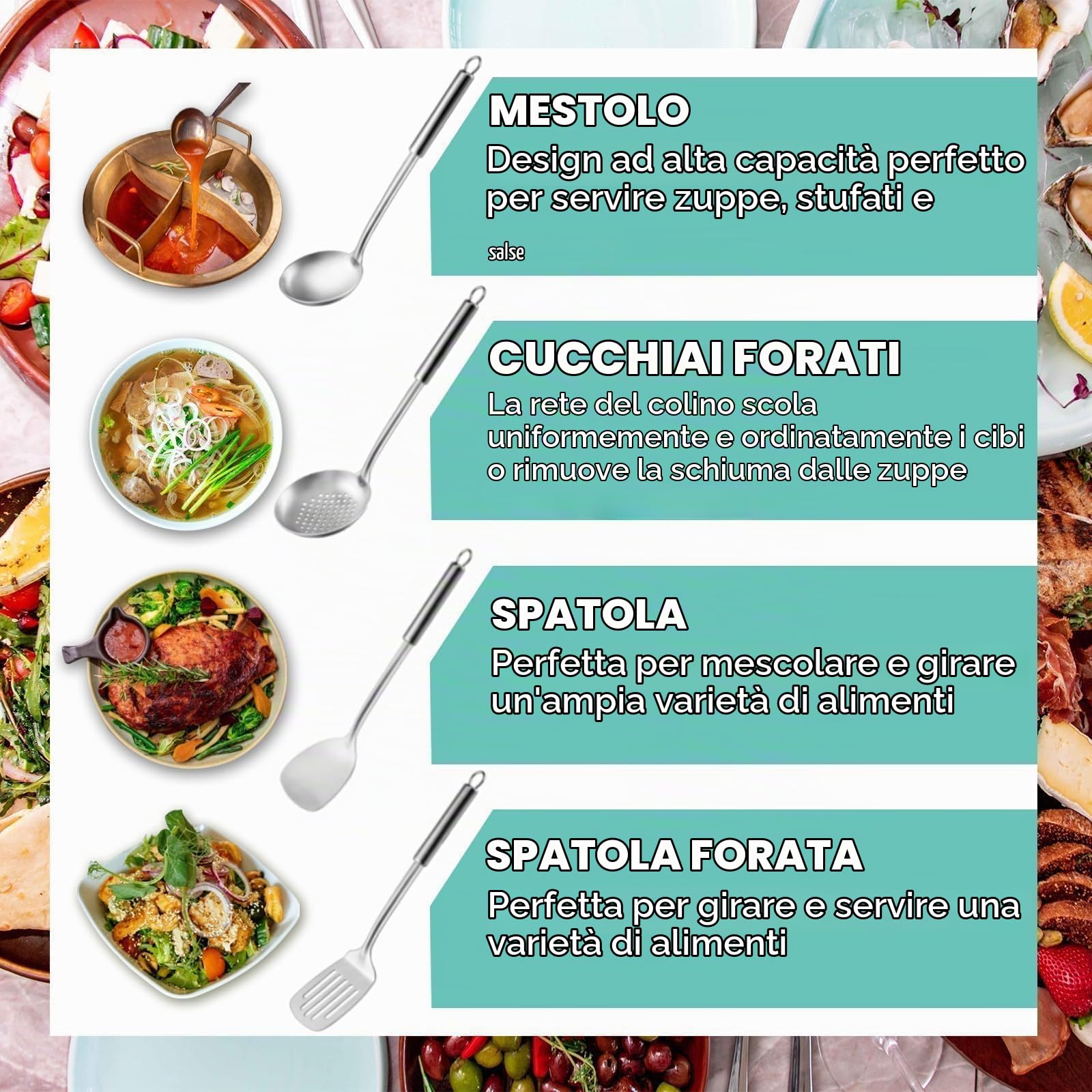 Pleafind utensili da cucina, set di utensili da cucina in 4 pezzi, set cucina in 304 acciaio inox con mestolo, schiumarola, tornitore con intaglio, paletta cucina, utensili da cucina