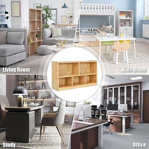 Miniatura 9 de Tangkula Estantería de madera con cubos, 2 niveles y 5 cubos, estante abierto, estantería multiusos, estante de exhibición para sala de estar,