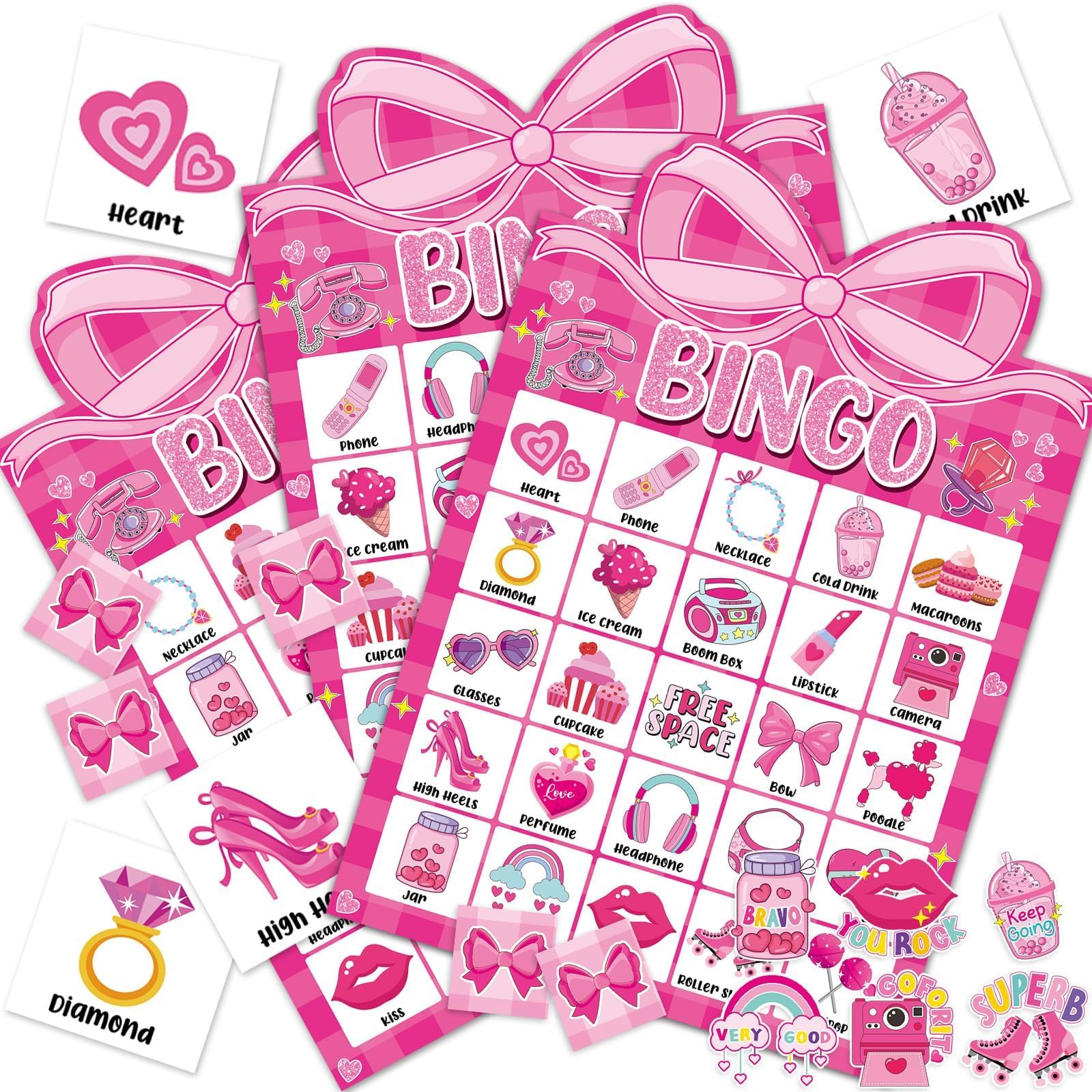 39 Pcs Pink Bow Party Bingo Game for Adults Kids 24 Players Pink Girls Party Bingo Game Cards with Reward Stickers for Family Friends Large Group