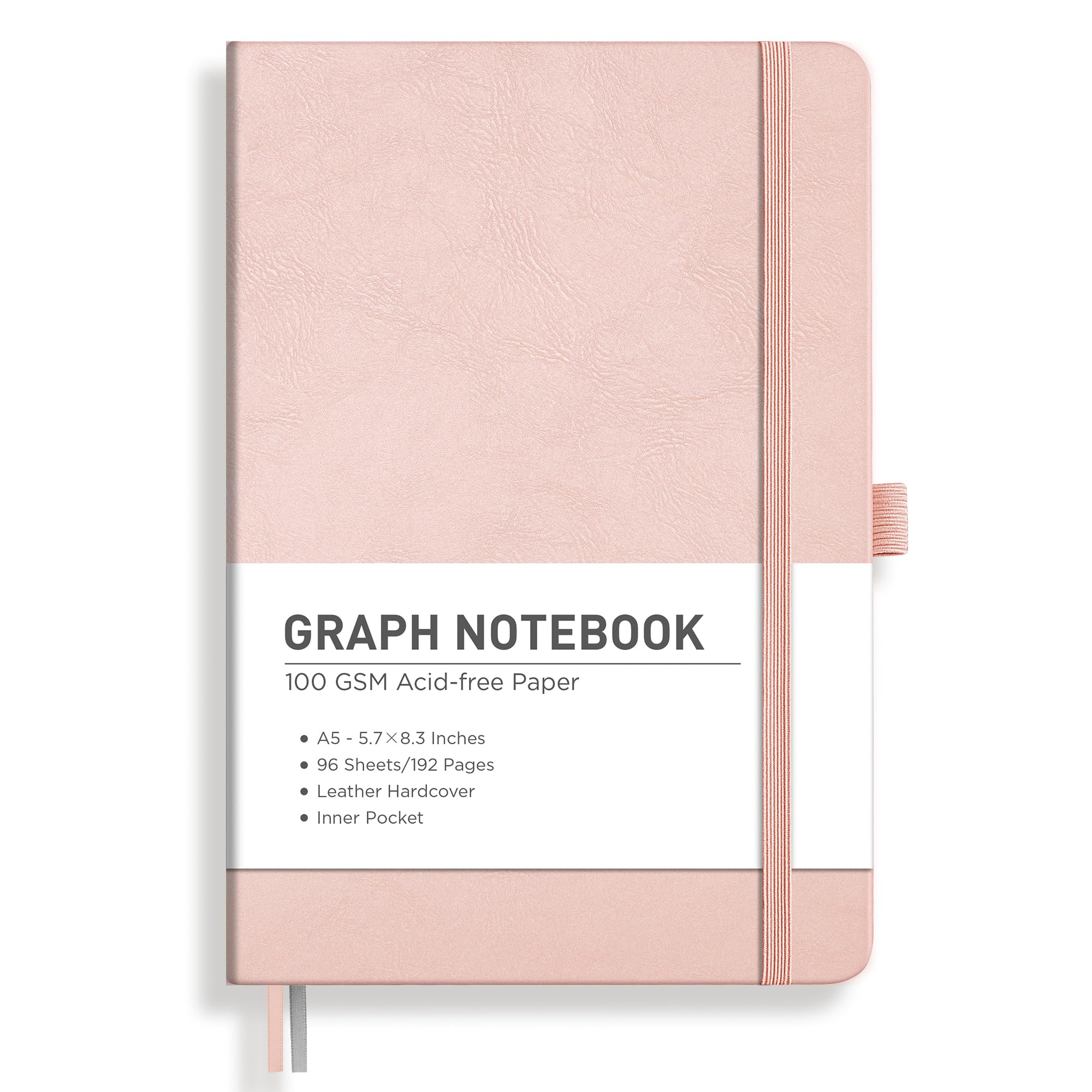 RETTACY Graph Grid Paper Notebook, 192 Pages, A5 Medium Size (5.7'' x 8.3''), 5 Squares per Inch, Leather Hardcover, 100 GSM Thick Paper, for School, Students, Math, Engineering (Rose Gold)