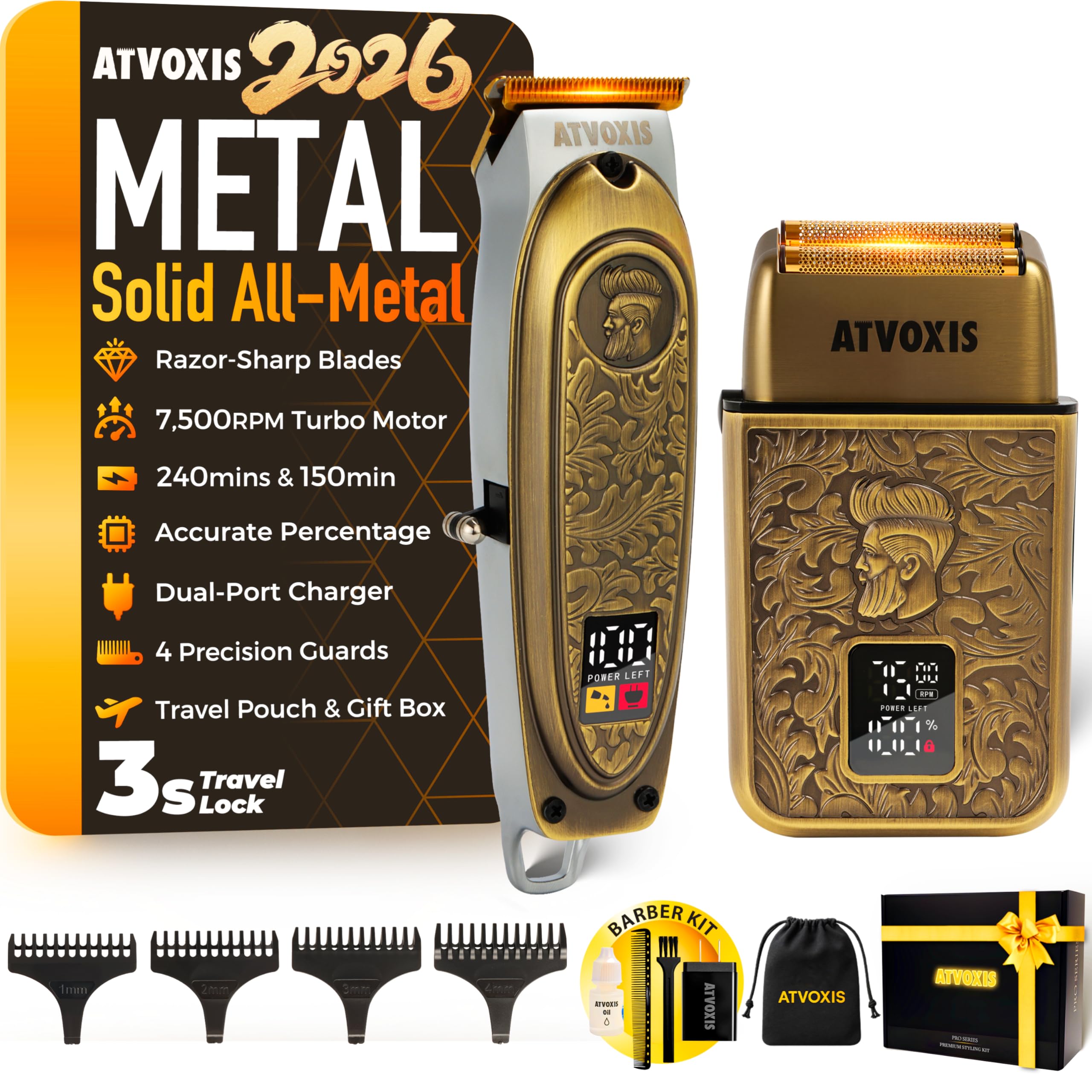 All-Metal Body Razor-Sharp T-Blade Hair Beard Trimmer with 4 Guards Close Shave Foil Shaver Kit for Men Electric