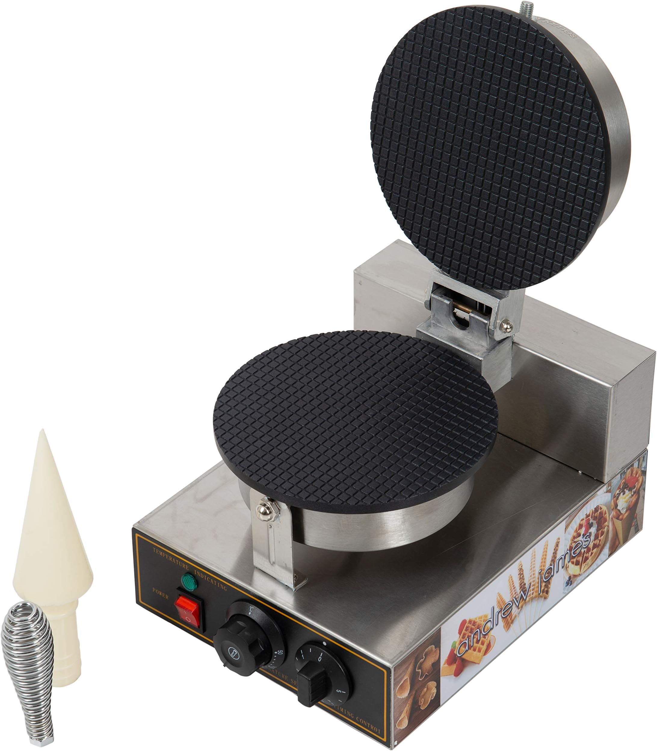 Andrew James Stainless Steel Commercial Waffle Baker Cone Maker with Ice Cream Mould- 1 Year Warranty(TEFLON COATING ISN'T COVERED), 1100 watts | Commercial For Industrial Use