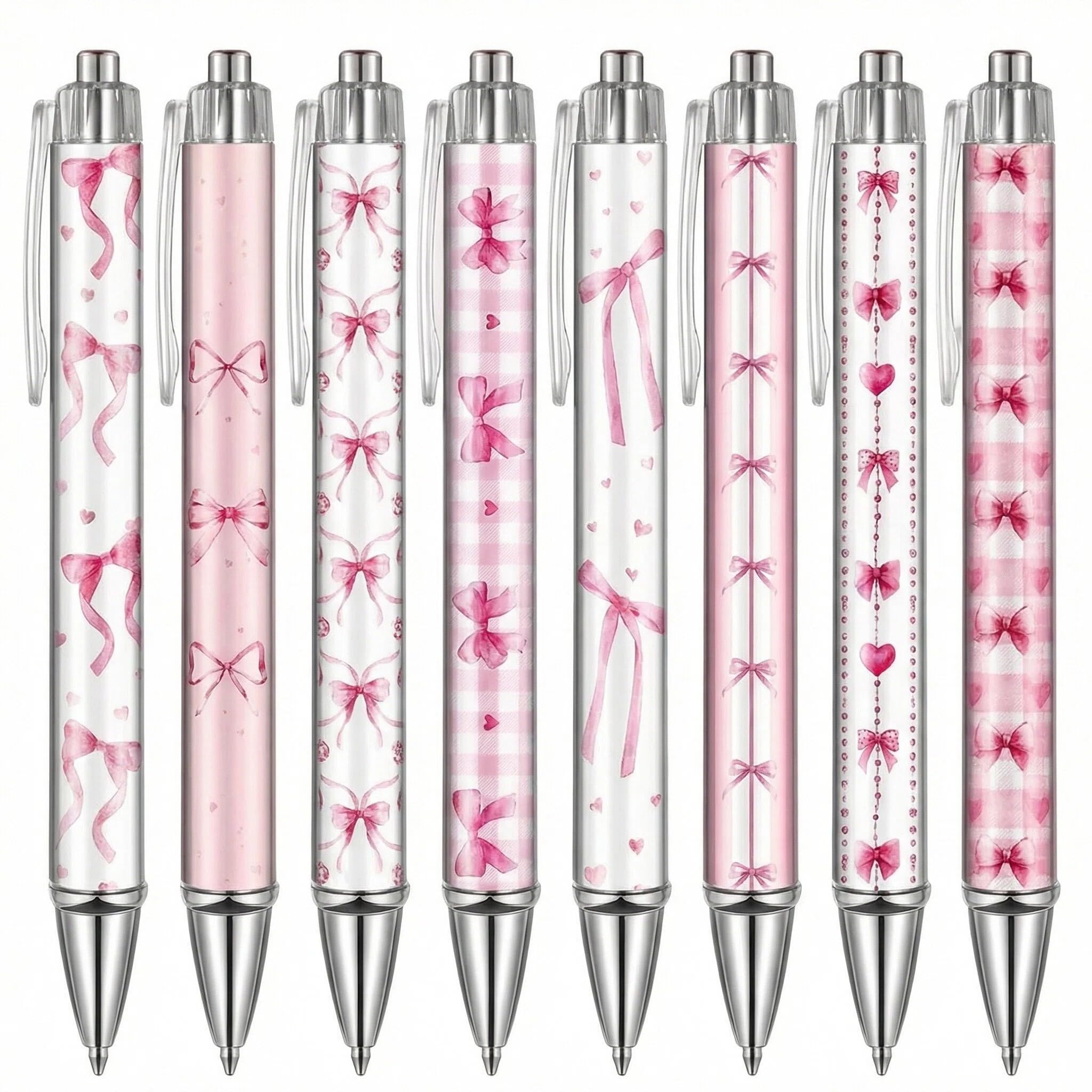 Satiskid 8Pcs Pink Ballpoint Pens, Cute Pink Bow Pens Set, 1.0mm Retractable Black Ink Ballpoint Pen Gift, Kawaii Stationery for Girls, Back to School Student Office Writing Supplies