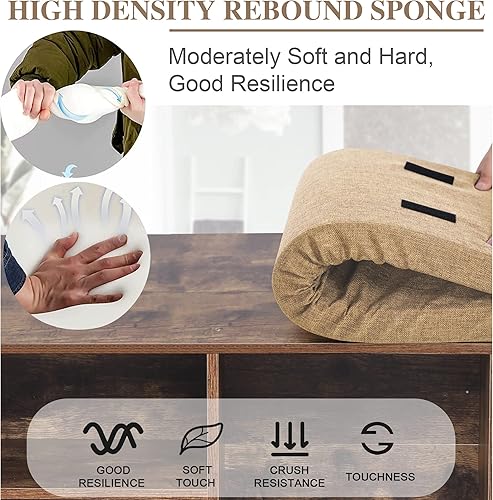 Miniatura 5 de PHI VILLA Banco de almacenamiento de zapatos con cojín de asiento, zapatero organizador de zapatos para entrada, sala de estar, marrón rústico