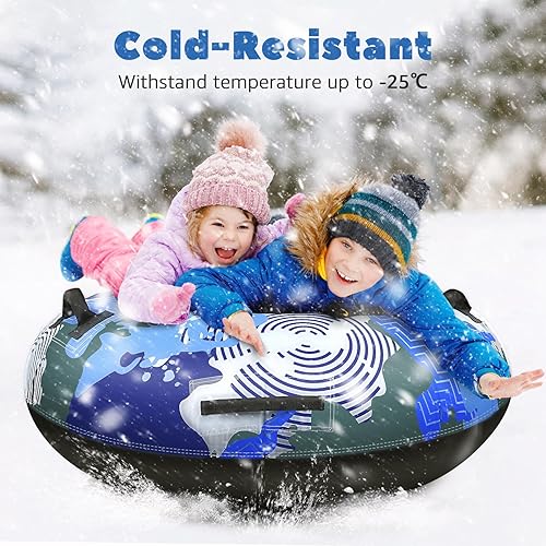 Miniatura 7 de Tubo de nieve inflable resistente para niños pequeños y adultos, material grueso resistente al frío con correa de remolque y asas reforzadas,