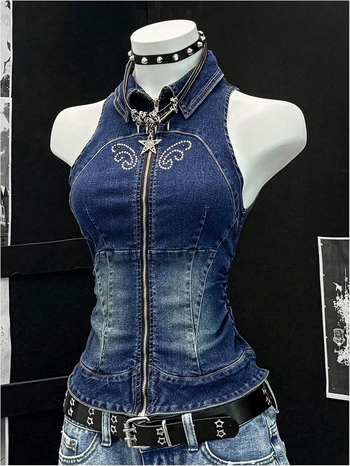 WDIRARA Women's Zip Up Denim Vest Y2k Collared Sleeveless Jean Tank Tops - Image 2