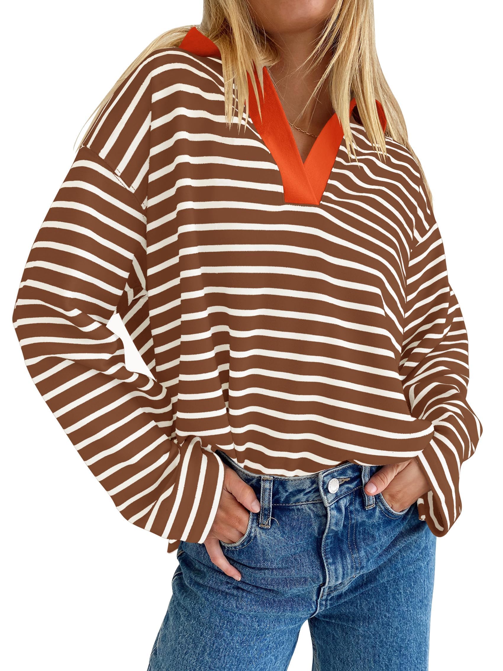 ZESICAWomens Striped Long Sleeve Shirts 2024 Casual V Neck Oversized Sweatshirt Loose Fit Tunic Tops Fall Blouses
