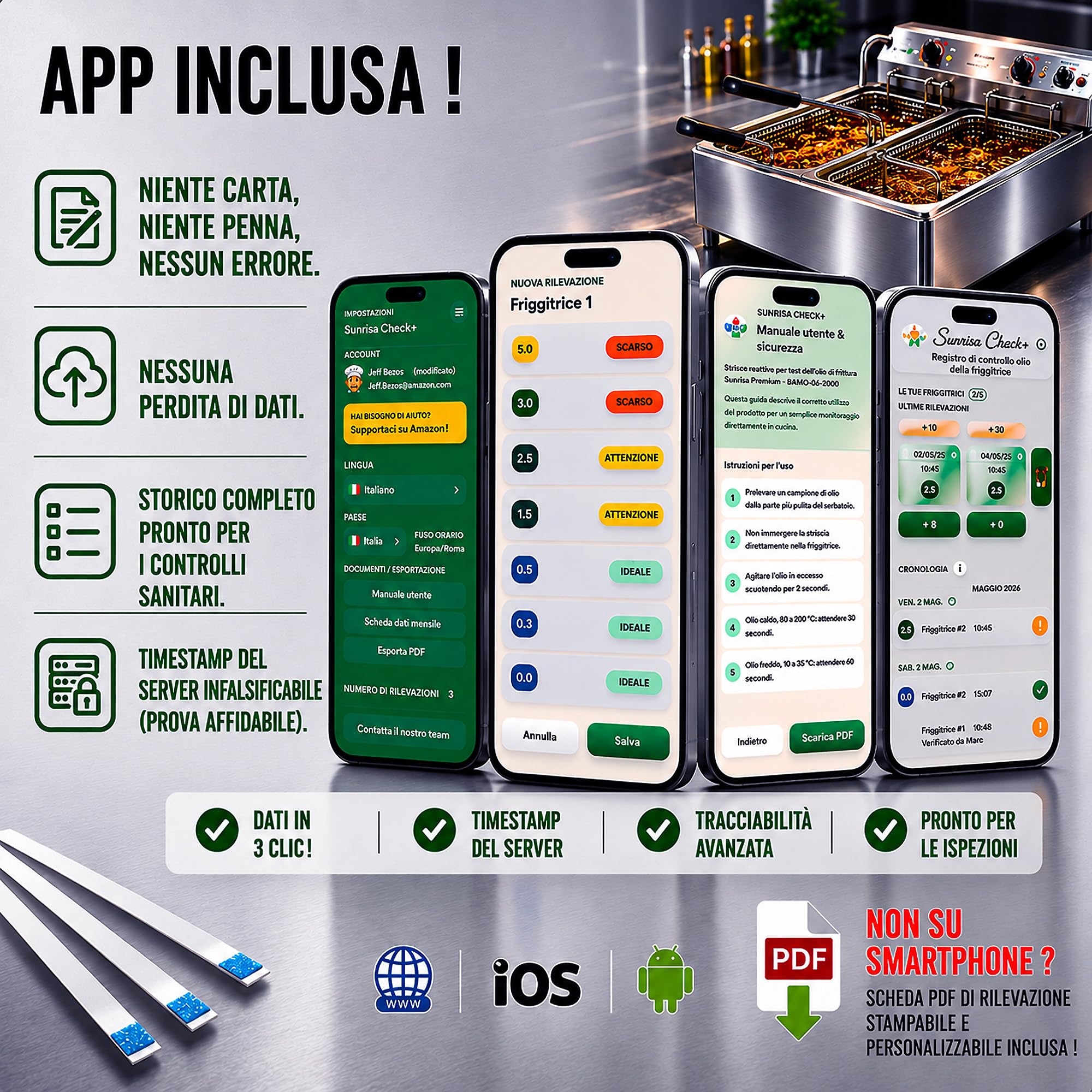 (CALDO|FREDDO) 120 Strisce Test Olio Friggitrice Pro - 2 Tubi - 30 Sec. - APP Mobile Monitoraggio HACCP - Misuratore Strisce Olio Frittura - Misurazione FFA KOH - Sito Industriale ISO 9001 & 13485