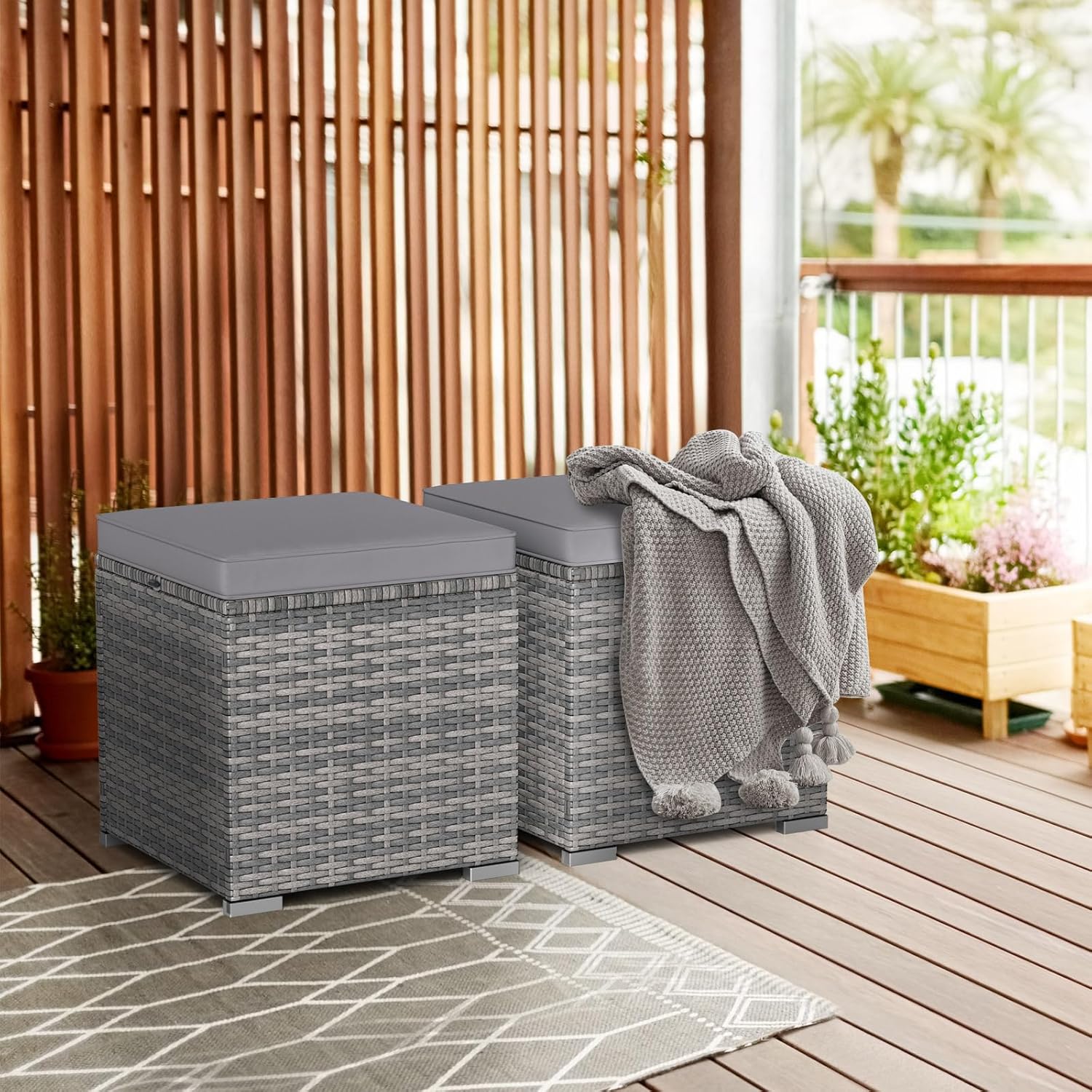 RELAX4LIFE Wicker Outdoor Storage Ottoman - 2-Piece Rattan Footstool w/Removable Cushion, Multipurpose Footrest Foot Stool Seating, Set of 2 Outdoor Ottomans for Patio Deck (Mix Grey-Grey)