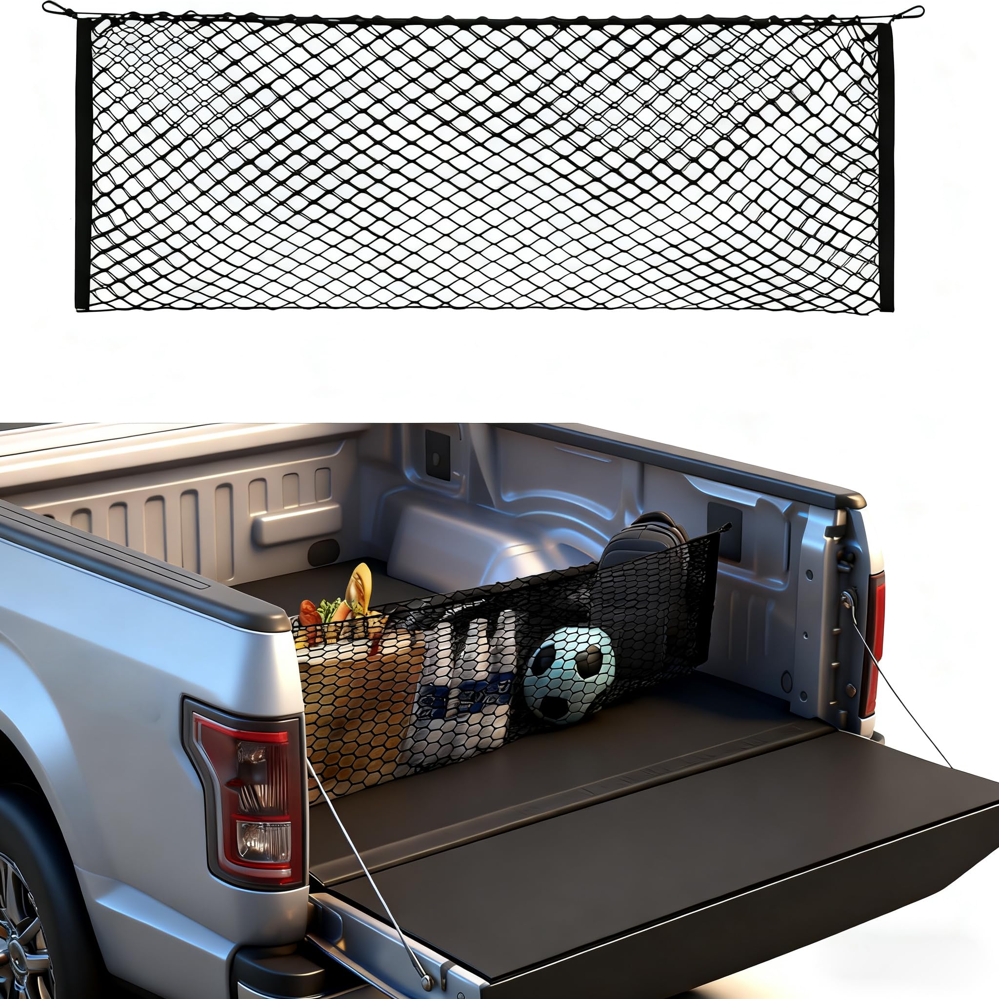 Truck Tailgate Cargo Net - Black, 2 Inch Mesh, Metal Hooks - Compatible with 2015-2025 Ford F150, F250, F350 Super Duty