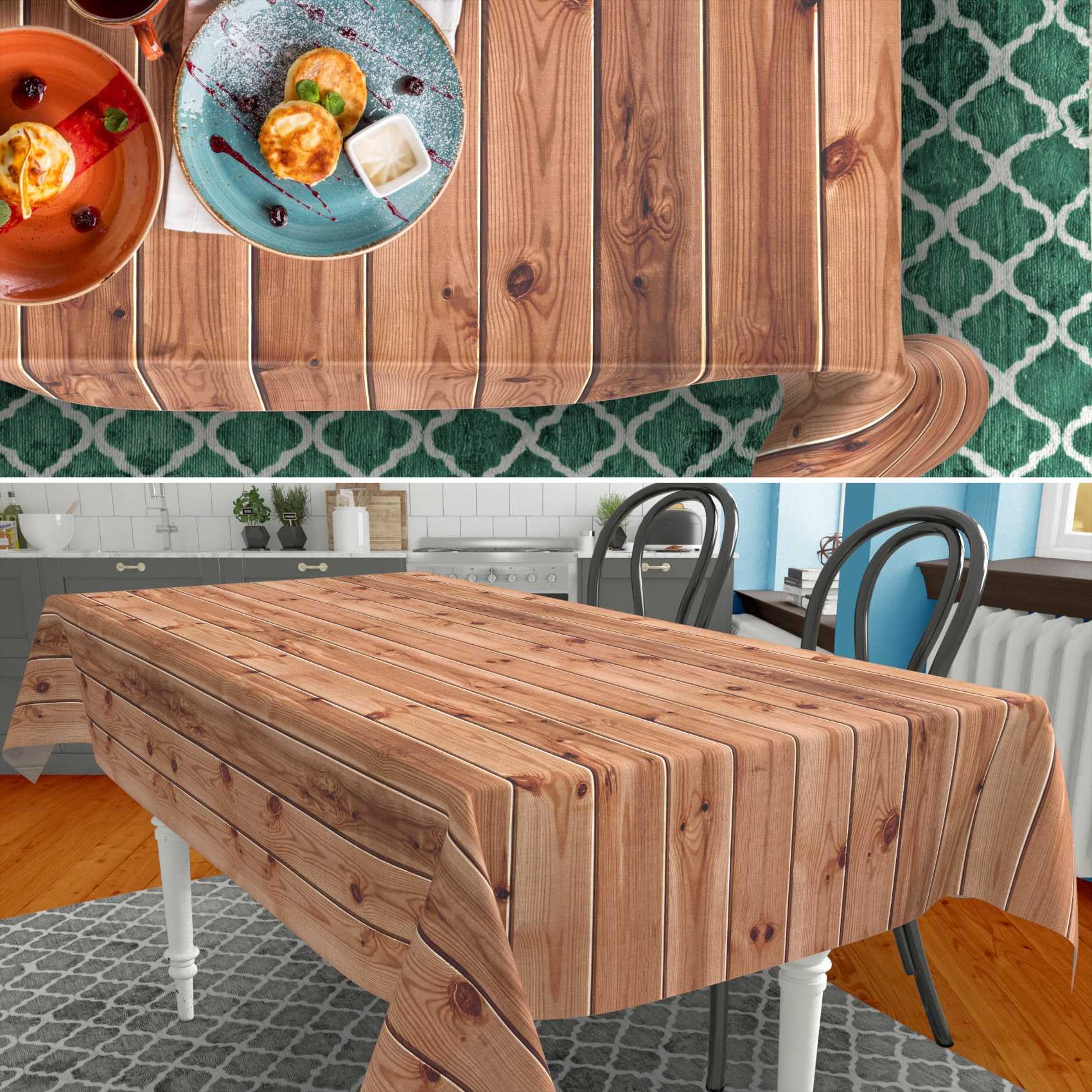 Mantel de Tela Decoración Cubre Manteles para Mesa de Comedor, Algodón y Poliéster, Lavable, Fácil de Limpiar, Redondo, Ovalado, Rectangular, Madera, Marrón, 400 x 140 cm, Borde de Corte