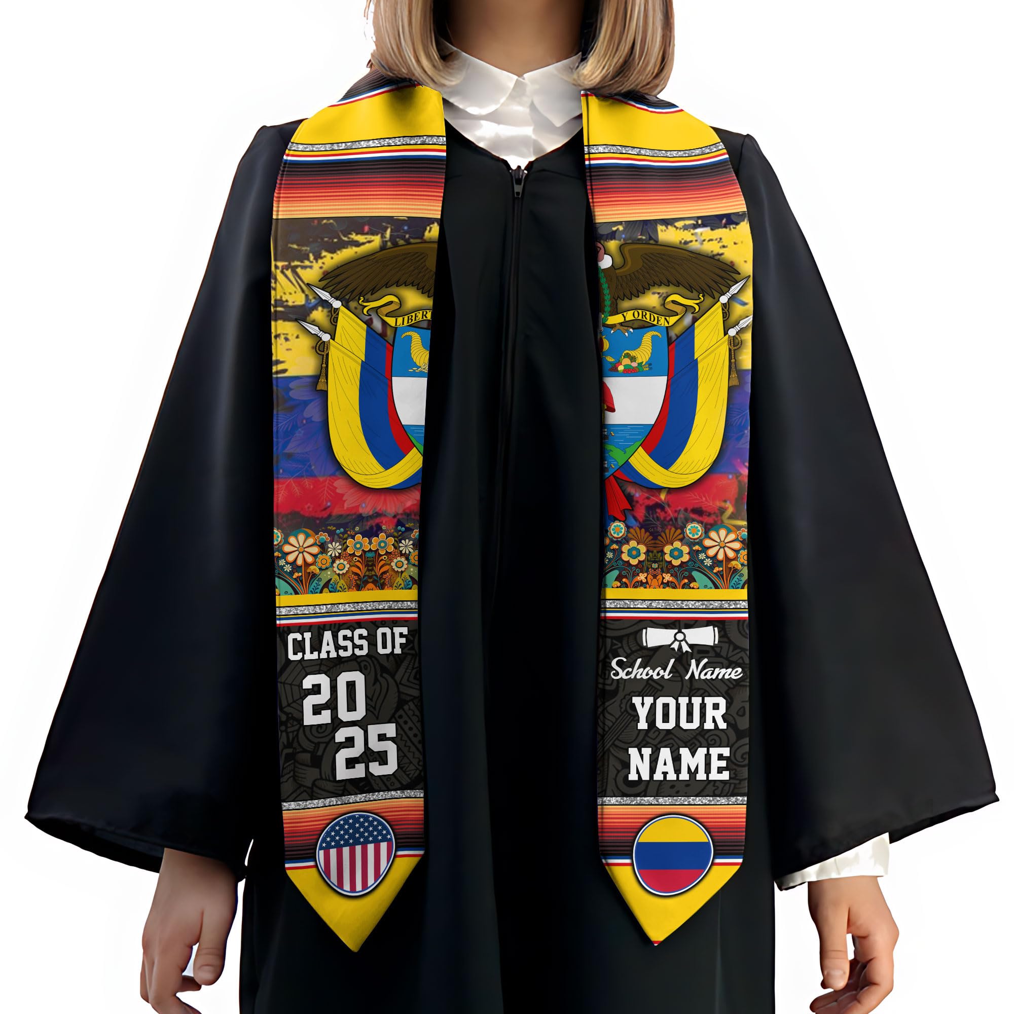 MonkeyVan Custom Colombian Graduation Sash 2025, Personalized Colombian American Stole, Colombia Flag Graduation Stole S68