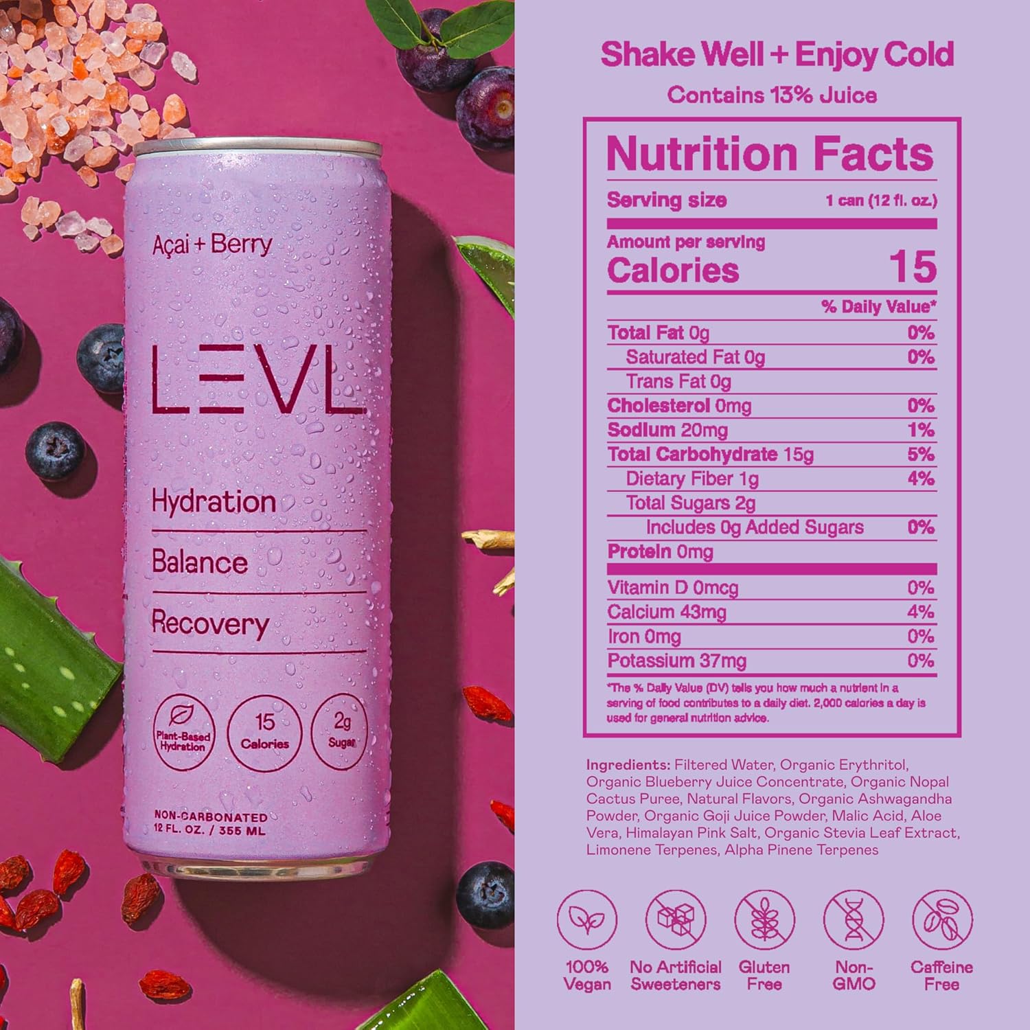 LEVL Functional Hydration Drink - Acaí + Berry (Non-Carbonated) Pure Water, Real Fruit, Adaptogens, Electrolytes | All-Natural, No Artificial Additives, Zero Added Sugar, Non-GMO, Caffeine Free, Sports Drink | 12 FL OZ Cans - (Pack of 12)