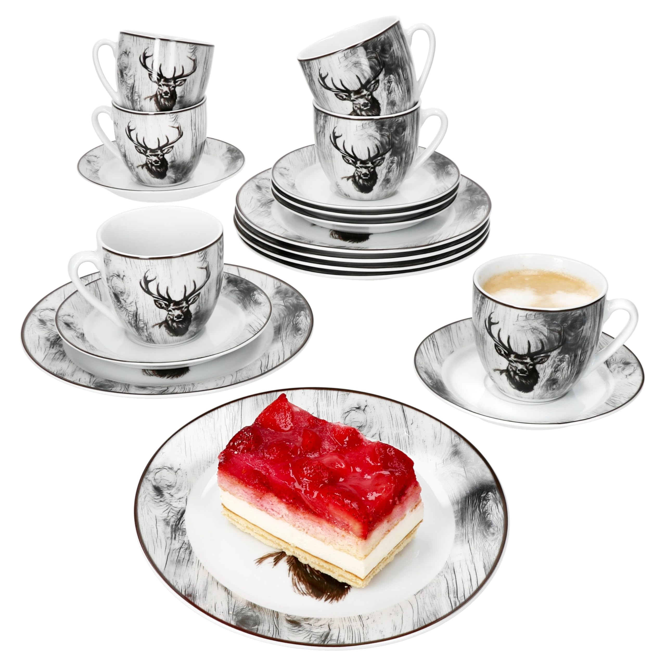 MamboCat Alois 18tlg Kaffeeservice I weißes Porzellan-Geschirr mit Hirsch-Dekor für 6 Personen I Je 6x Tassen 200ml, Untertassen & Teller für Frühstück & Kaffee