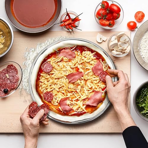 Miniatura 6 de Elsjoy Paquete de 4 bandejas de pizza de acero inoxidable de 13 pulgadas, bandeja para hornear redonda profunda, bandeja grande para hornear pizza,