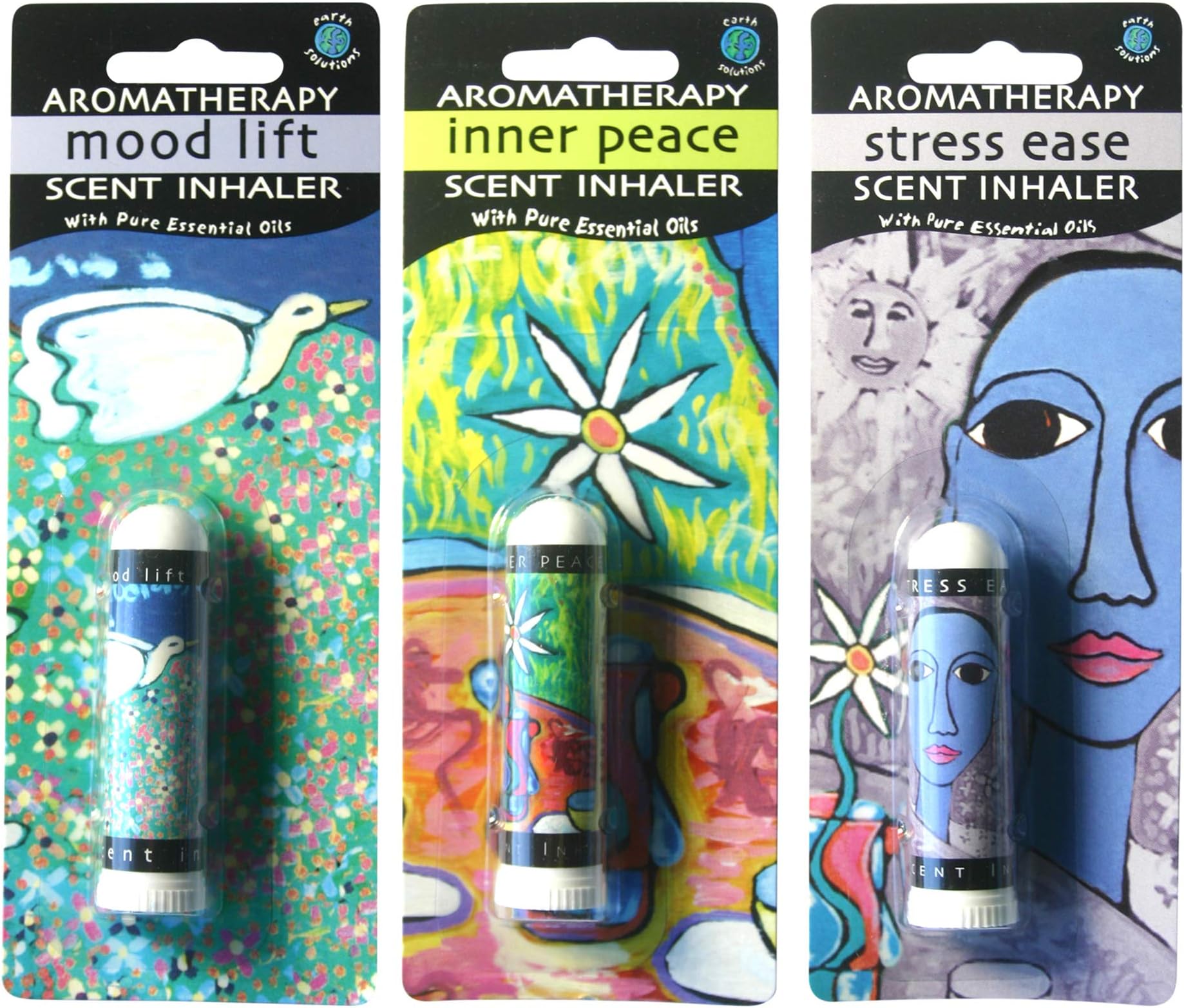 Earth SolutionsAromatherapy Inhalers | Mood Lift, Inner Peace, Stress Ease (3 pack) | Personal Essential Oil Diffusers | A Calm Essential Oil Blend with Positive Affirmation | Best Essential Oil Sets