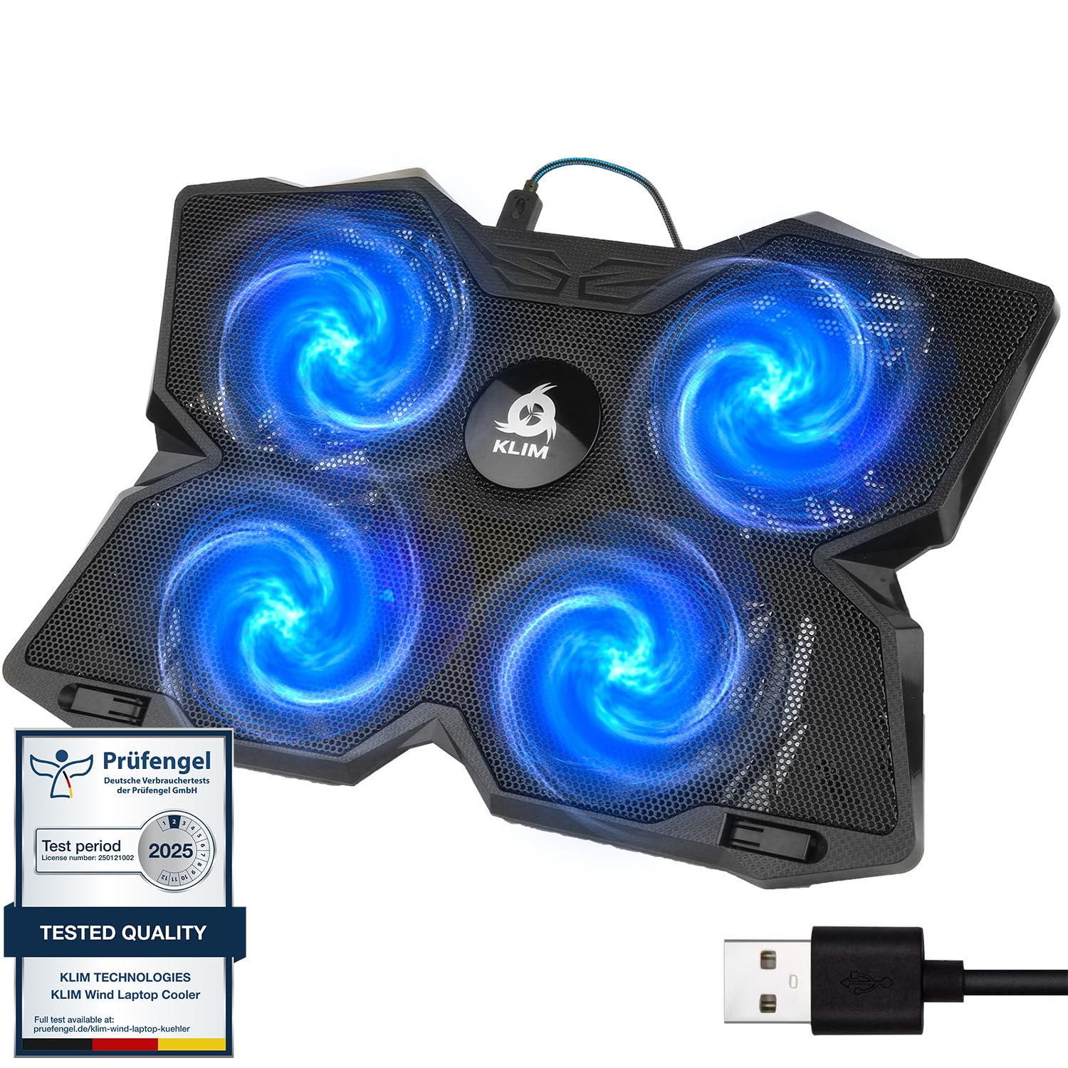 KLIM Wind Laptop Cooling Pad - More Than 500 000 Units Sold - New Version - The Most Powerful Rapid Action Cooling Fan - Laptop Stand with 4 Cooling Fans at 1200 RPM - USB Fan - PS5 PS4 - Blue