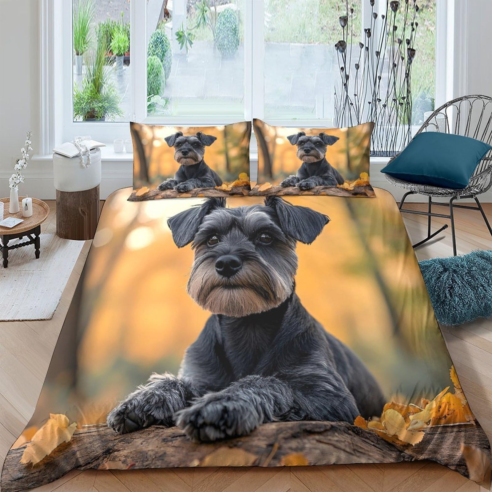 Ctjqhvkz Style-5 3D Printed Schnauzer Dog Fitted Sheet Microfiber Soft Autumn Leaves Mattress Cover For Bedroom Dorm Decor Protection Single（135X200cm）