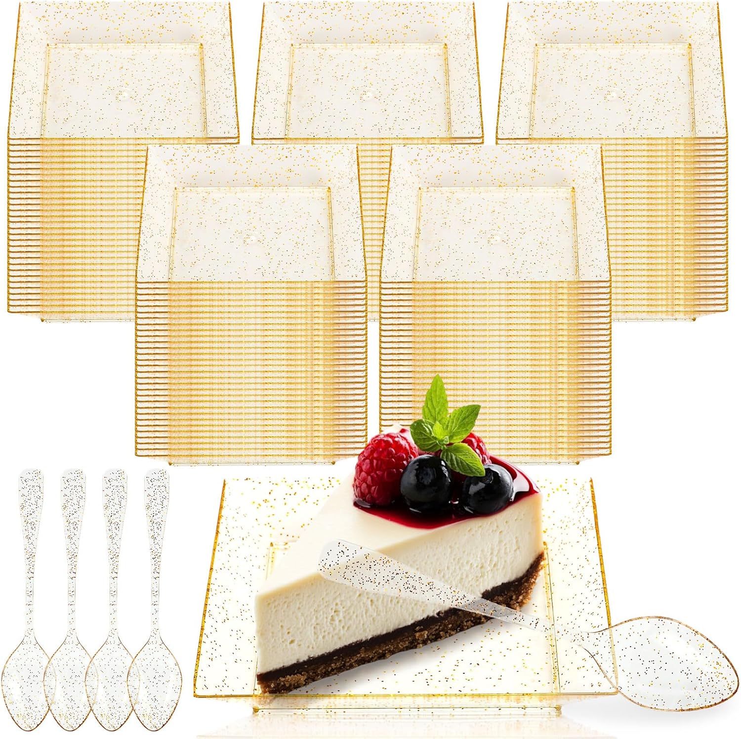 FYSUIMU 100Pcs Gold Plastic Square Dessert Plates with Spoons Disposable Cake Plates Small Salad Appetizer Tasting Tray for Wedding Birthday Reception
