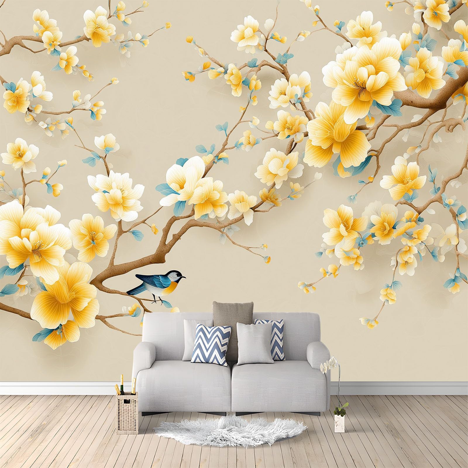 Panoramiczna tapeta 3D klasyczna orientalna pąki ptaki łodygi beżowa 200 x 140 cm, tapeta z włókniny - fresk ścienny do salonu, sypialni i biura, dekoracja ścienna druk HD