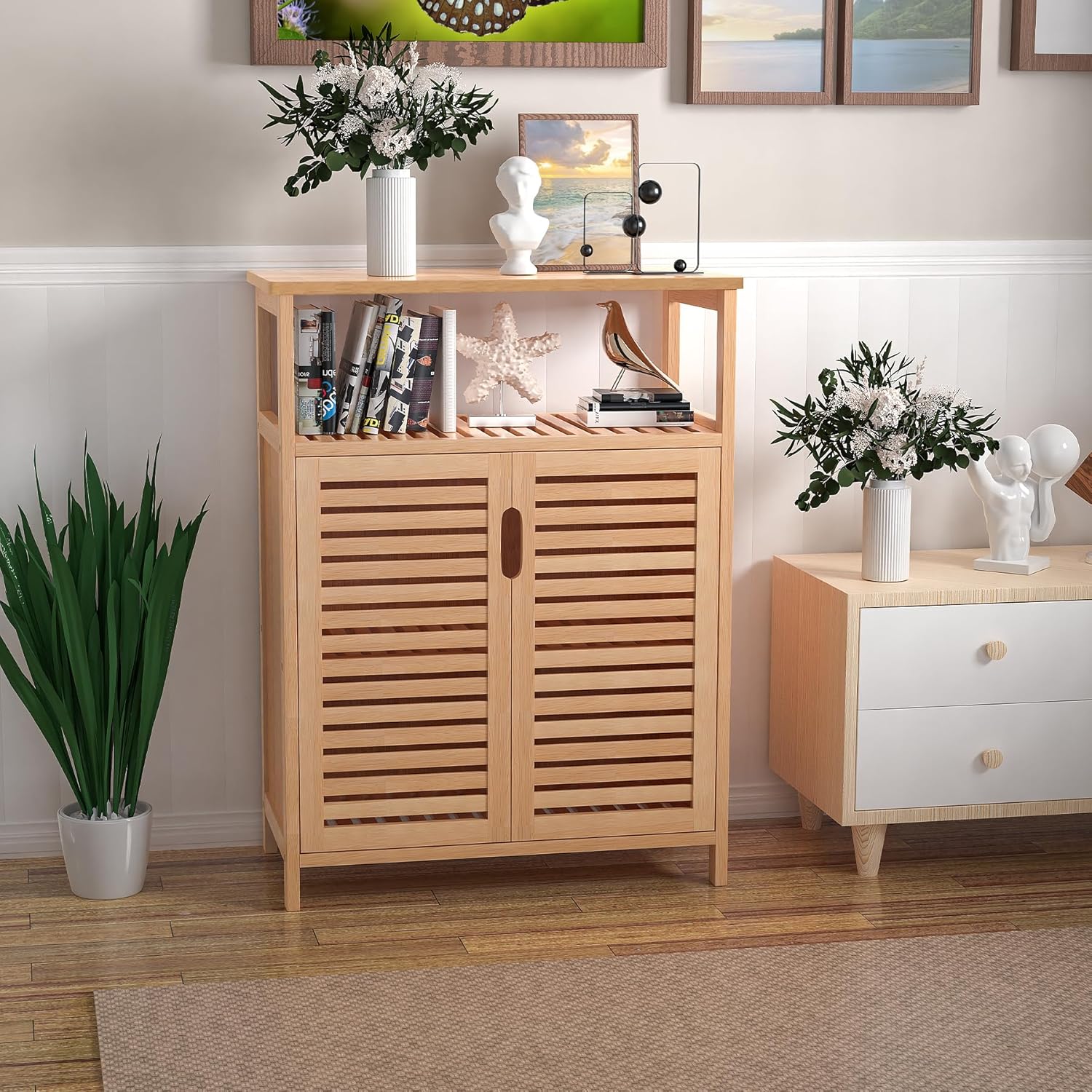 Bathroom Storage Cabinet, Freestanding Floor Cabinet with 2 Doors and Top Shelf for Kitchen, Entryway, Living Room