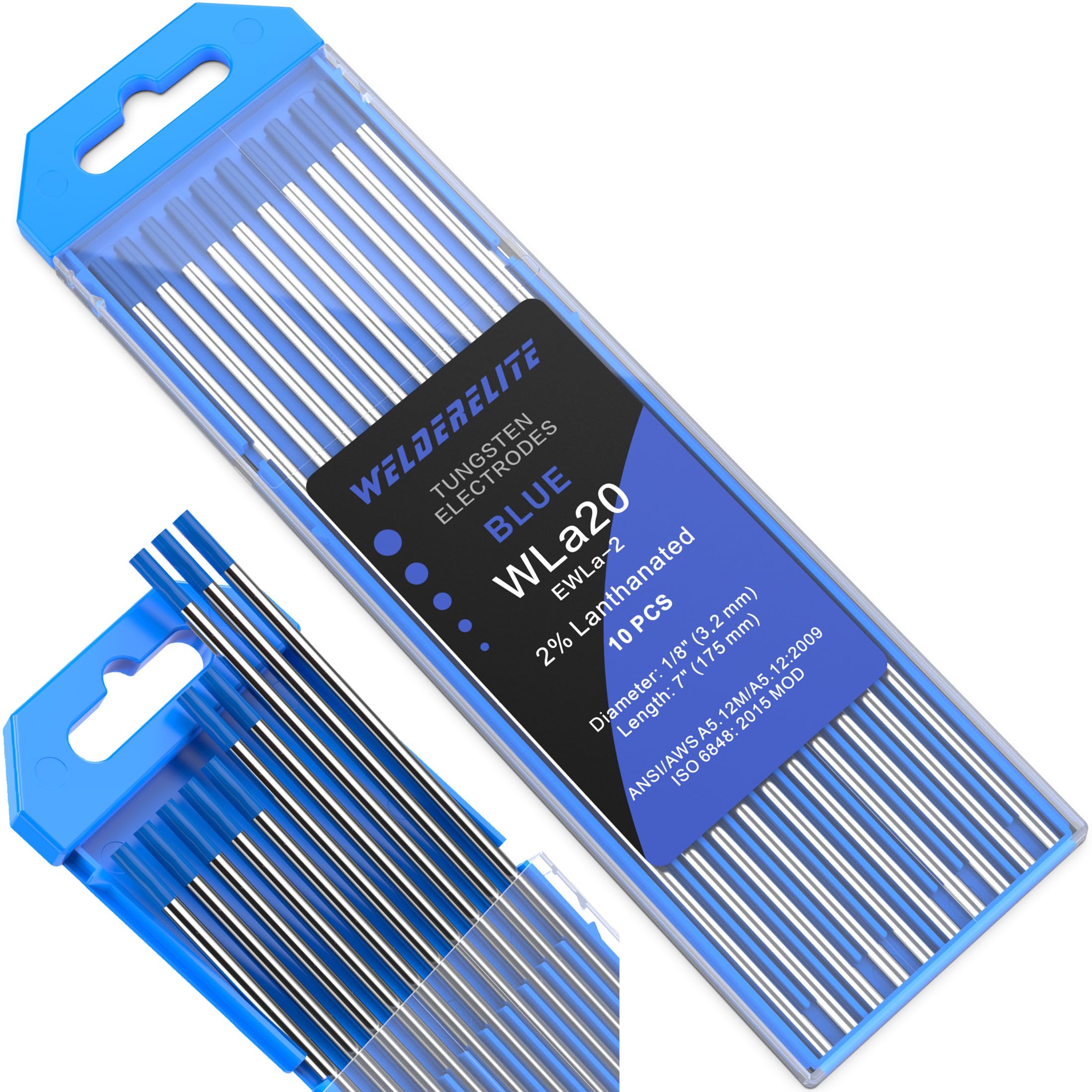Electrodo de tungsteno para soldadura TIG, paquete de 10 unidades de 1/8 x 7 pulgadas (azul - 2% lantanado, WL20/EWLa-2) para soldadura TIG CA/CC