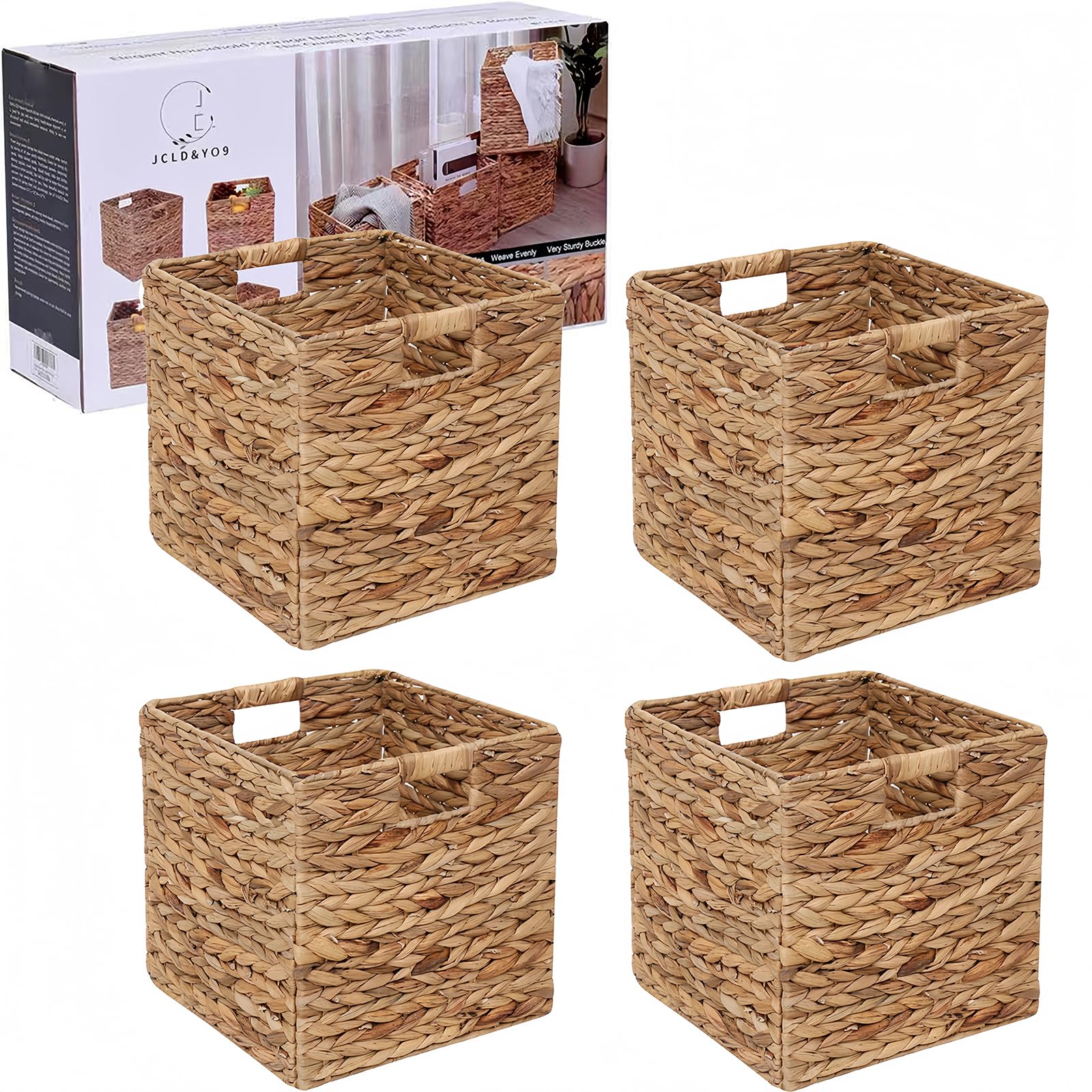 Photo 1 of 12x12in Storage Baskets 4 Pcs Water Hyacinth Baskets,Foldable Handwoven Storage Cubes