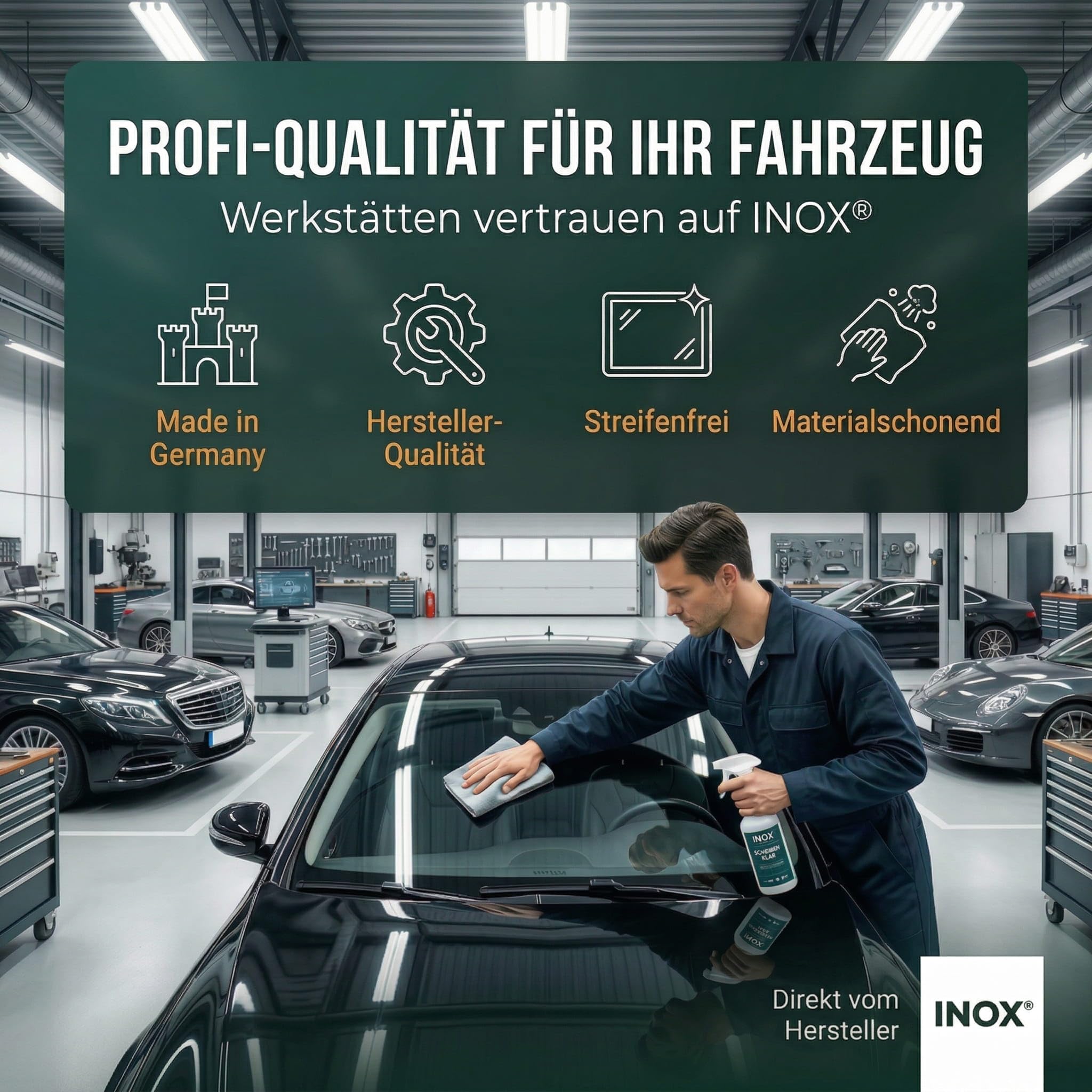 INOX® Scheibenreiniger Konzentrat 4 x 5 L – Scheibenwischwasser-Zusatz für Autoscheiben | Universeller Glasreiniger für Wischwasser | Konzentrat für Glatte Oberflächen