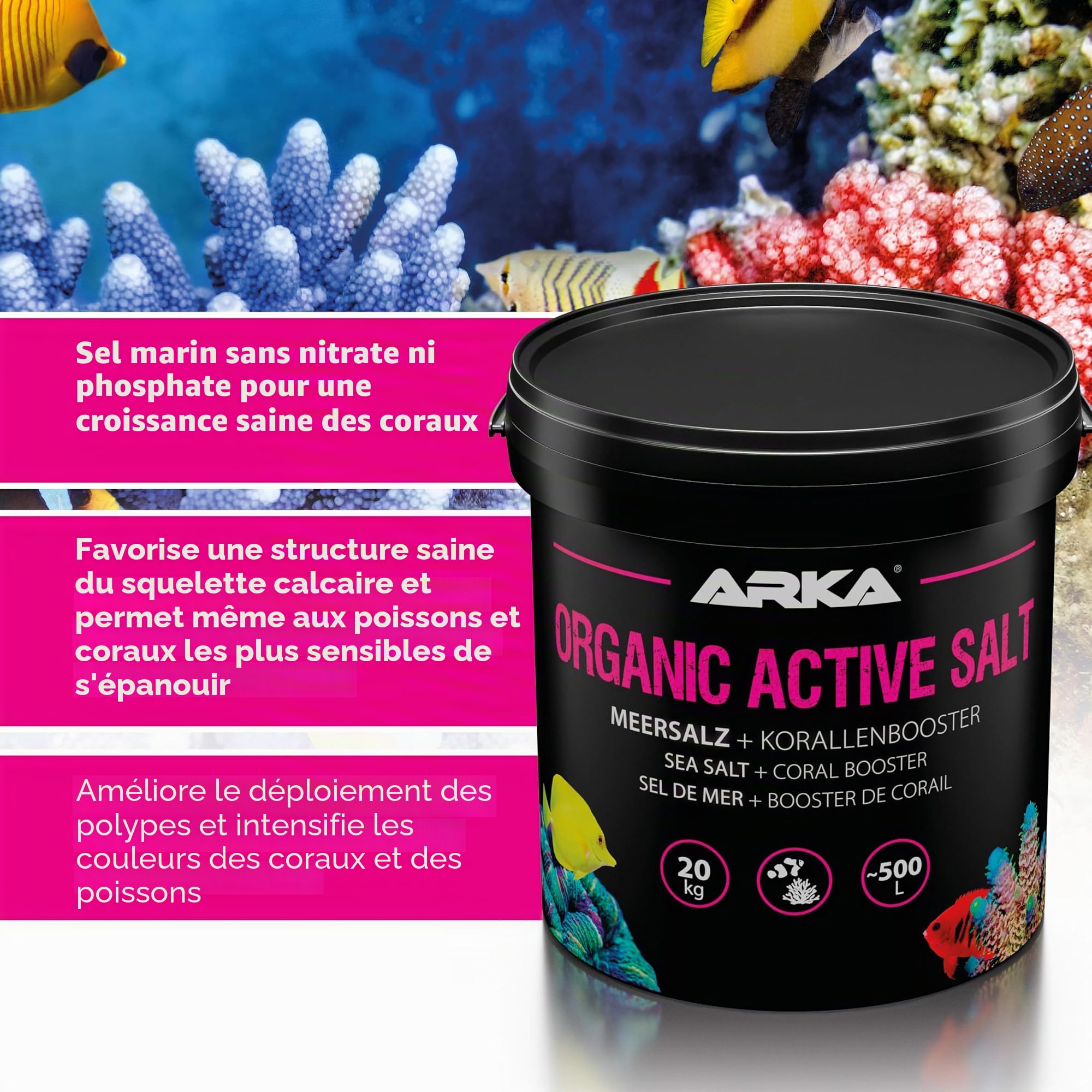 Sel Marin récifal Actif – ARKA Organic Active Salt 10 kg – avec activateurs organiques pour Croissance coraux & Couleurs Vives – sans Phosphate – se dissout Vite – Eau Stable & sûre