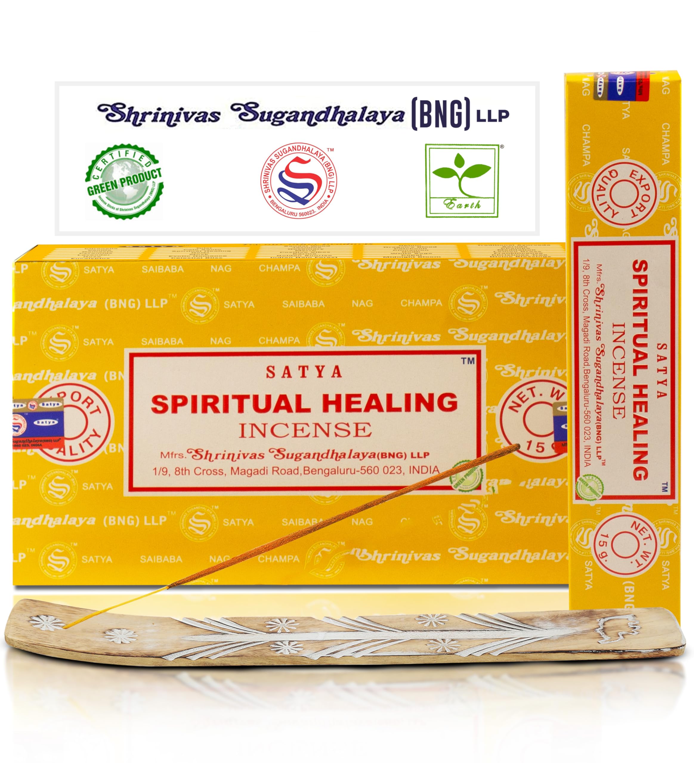 Satya Spiritualite Healing Incense Sticks, Satya Bng (Bangalore) Insenses 15gmx12 Pack with Raajsee Incense Holder Bundle, Satya Nagchampa Natural Incense