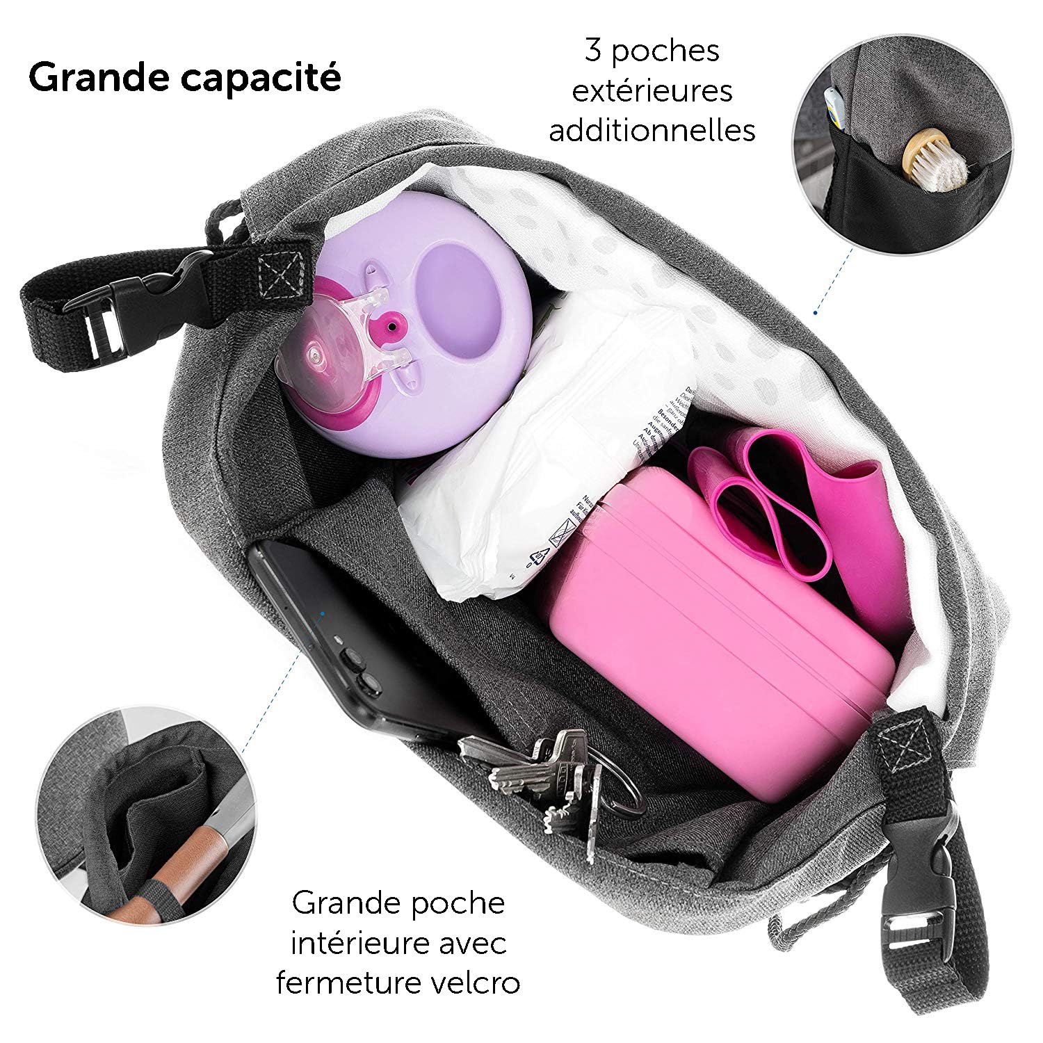 Zamboo Sac a Dos a Langer, Organisateur Poussette et Landau, Universel pour Sport - Léger, avec Compartiments, Crochets de Fixation - Gris Noir