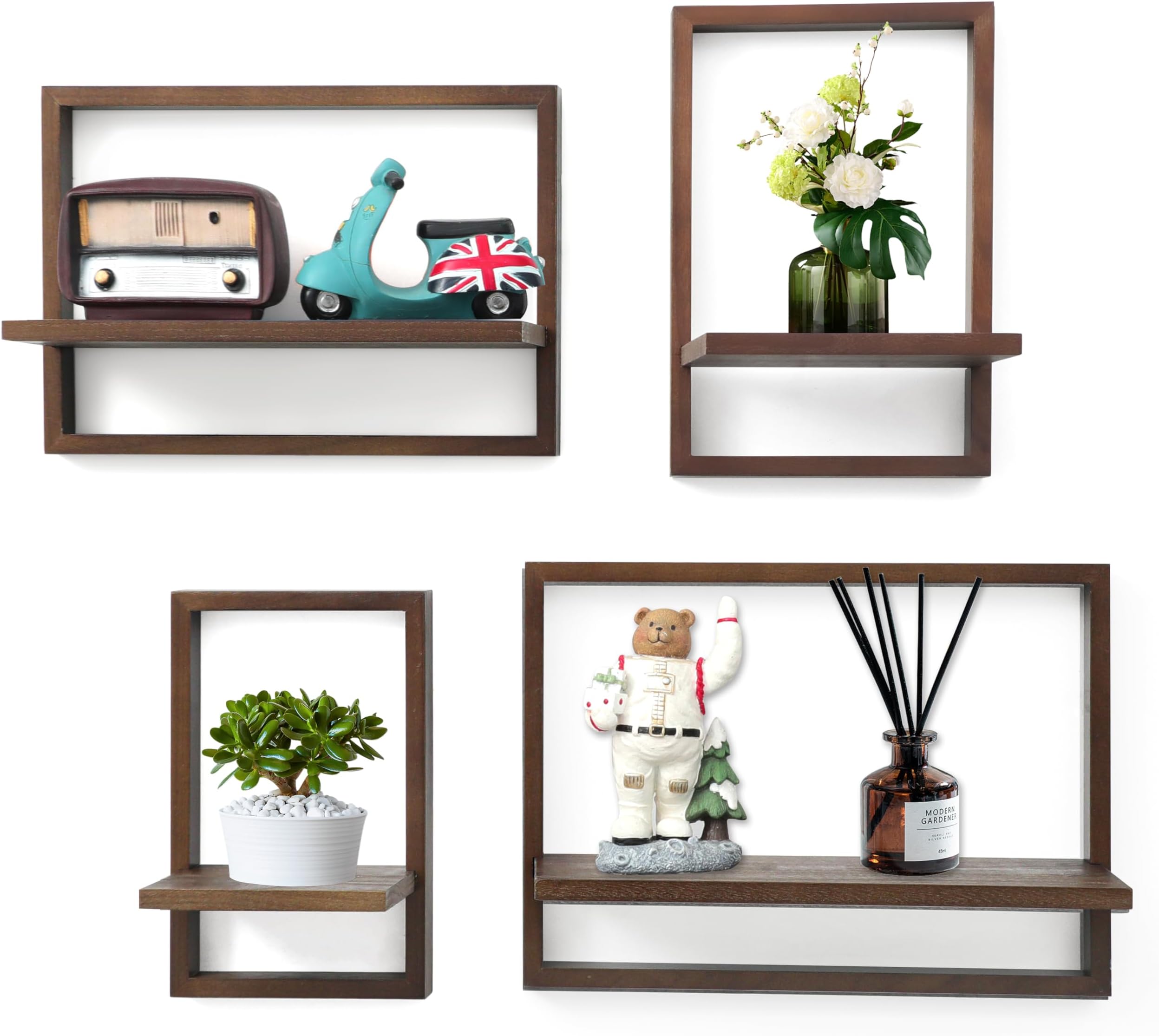 PHOENANCEE Square Floating Shelves,Framed Wall Shelf Decorative Set of 4,Modern Plants Hanging Display Art Decor Storage for Livingroom Bedroom Bathroom Farmhouse,Home Light Wood,Rustic Walnut