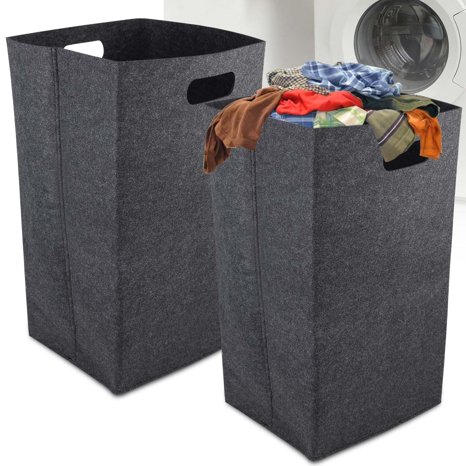 Cesto portabiancheria 60 l, 2 pezzi, in feltro sottile e pieghevole, per camera da letto, bagno, cucina e soggiorno, grande cestino, grigio scuro