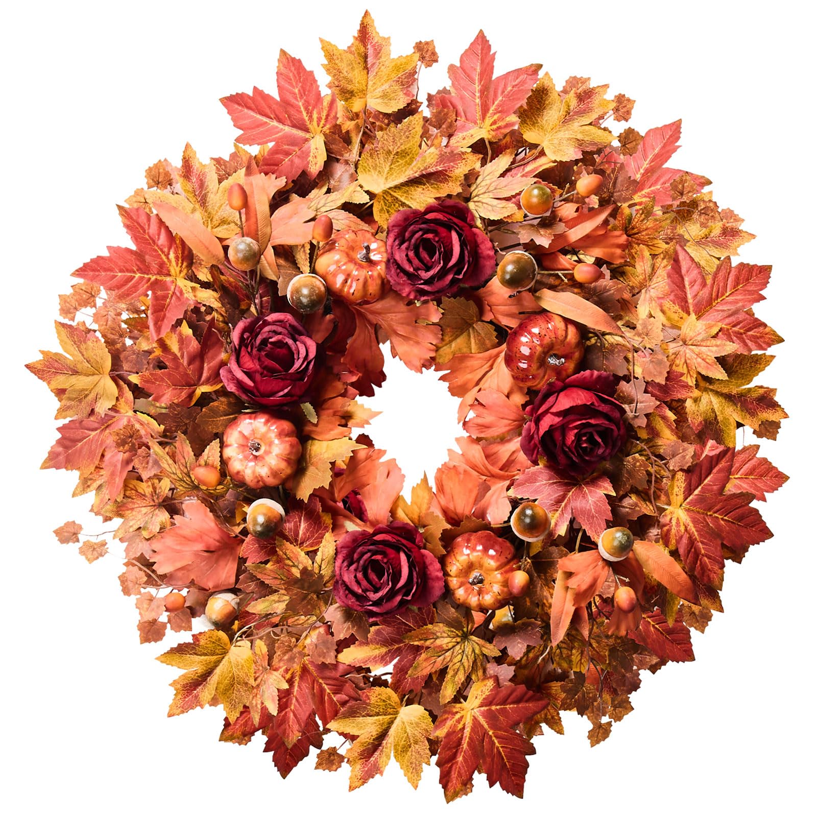  Large Fall Wreath for Front Door, Autumn Wreaths for Outdoor Home Decor - Farmhouse Wreath with Maple Leaves, Pumpkins, Roses, Thanksgiving Decoration, Rustic Harvest Festival Door Hanging