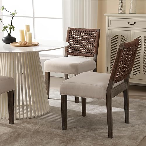 Miniatura 4 de chairus Juego de 4 sillas de comedor tapizadas, sillas de comedor de granja, sillas de cocina beige con respaldo de cuerda de tejido bajo, sillas