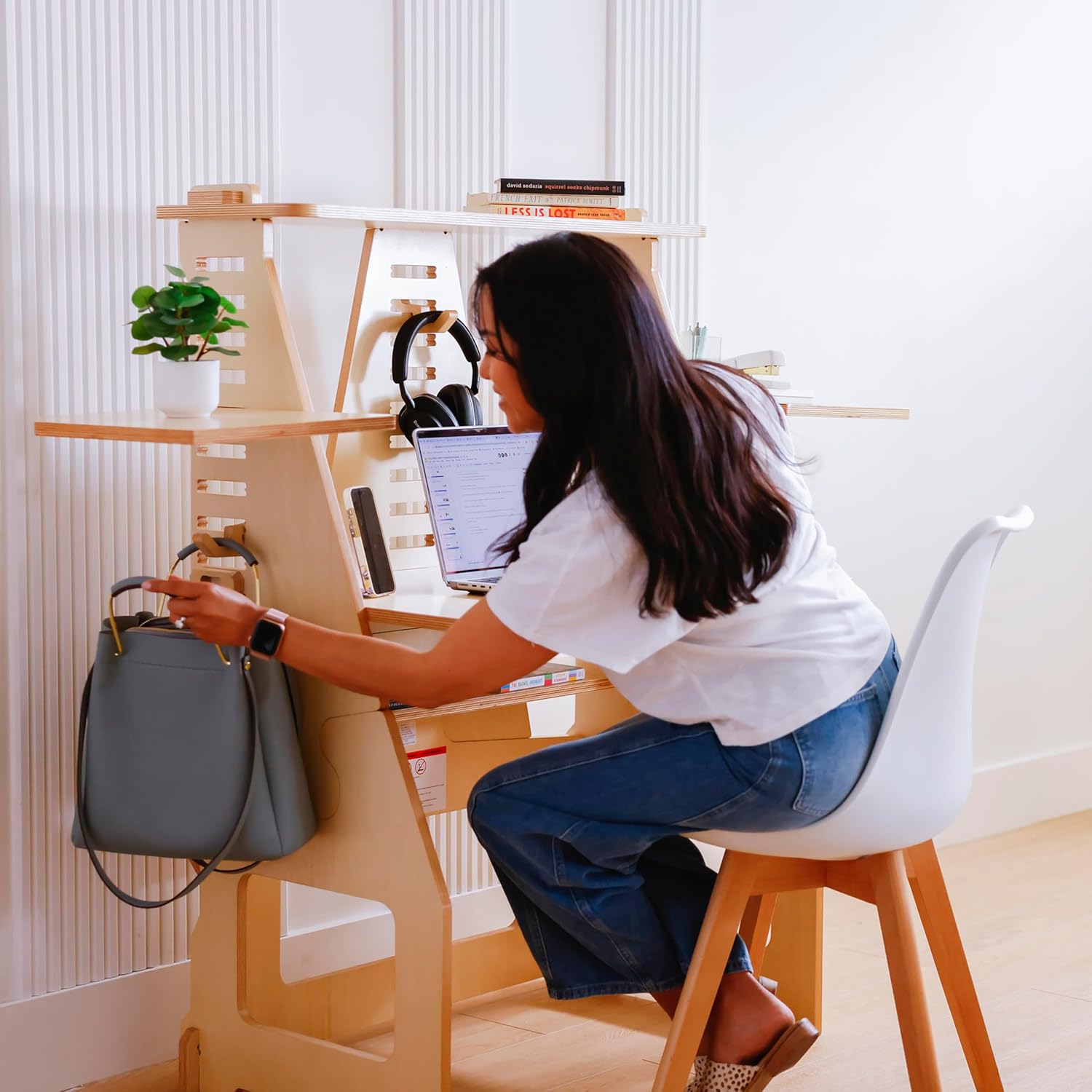 ModDesk Adjustable Sit or Standing Desk with Storage Shelves, Office Furniture, Natural